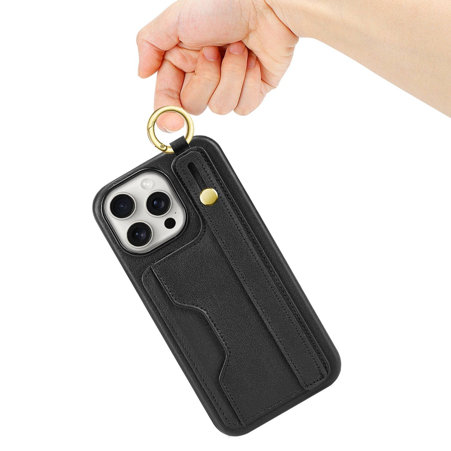 Protection Kit Bundle - Genuine Leather FingerGrip Series Case with Tempered Glass Screen and Camera Protector for iPhone 15 Pro Max - Black