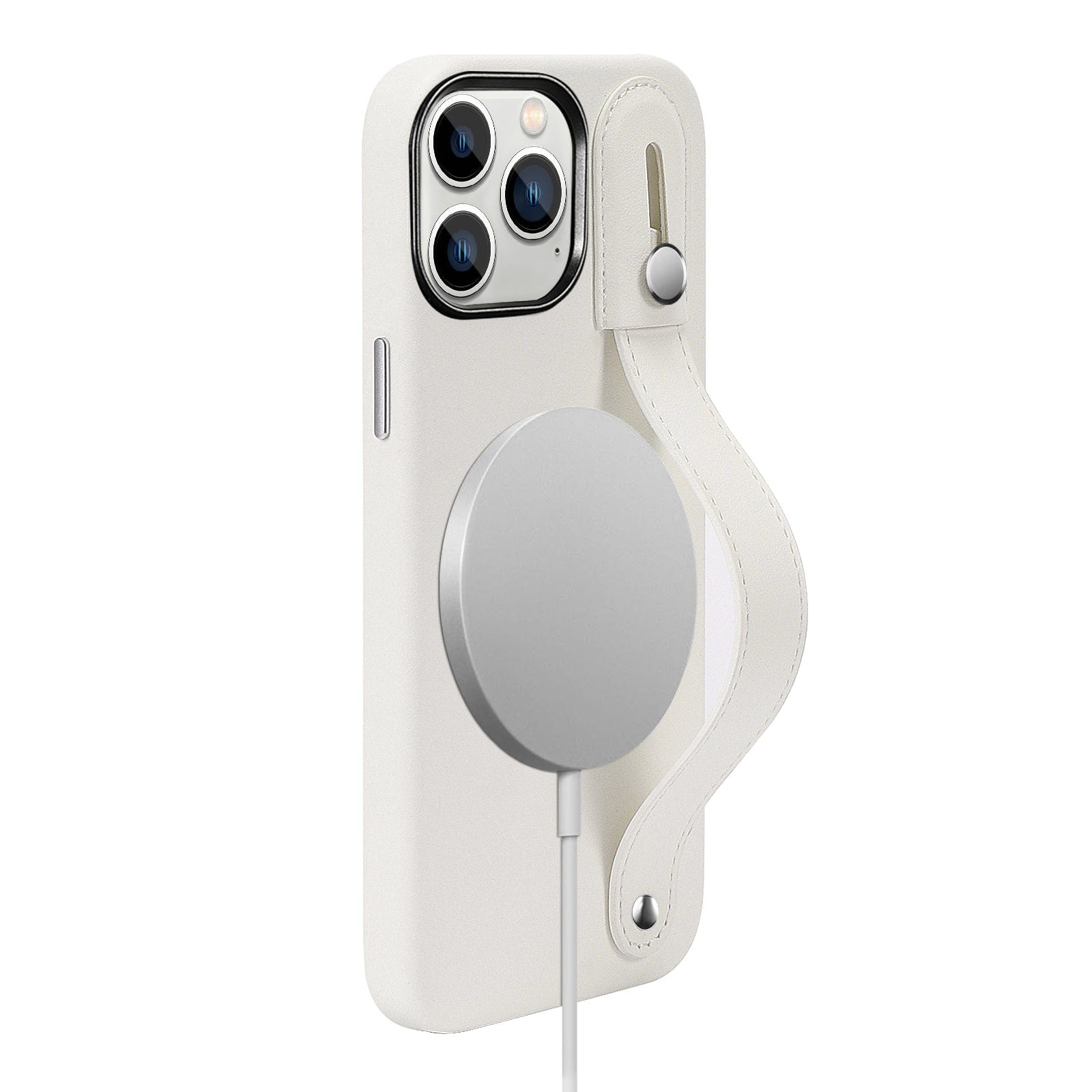Protection Kit Bundle - Genuine Leather FingerGrip Case with Tempered Glass Screen and Camera Protector for iPhone 15 Pro Max - White