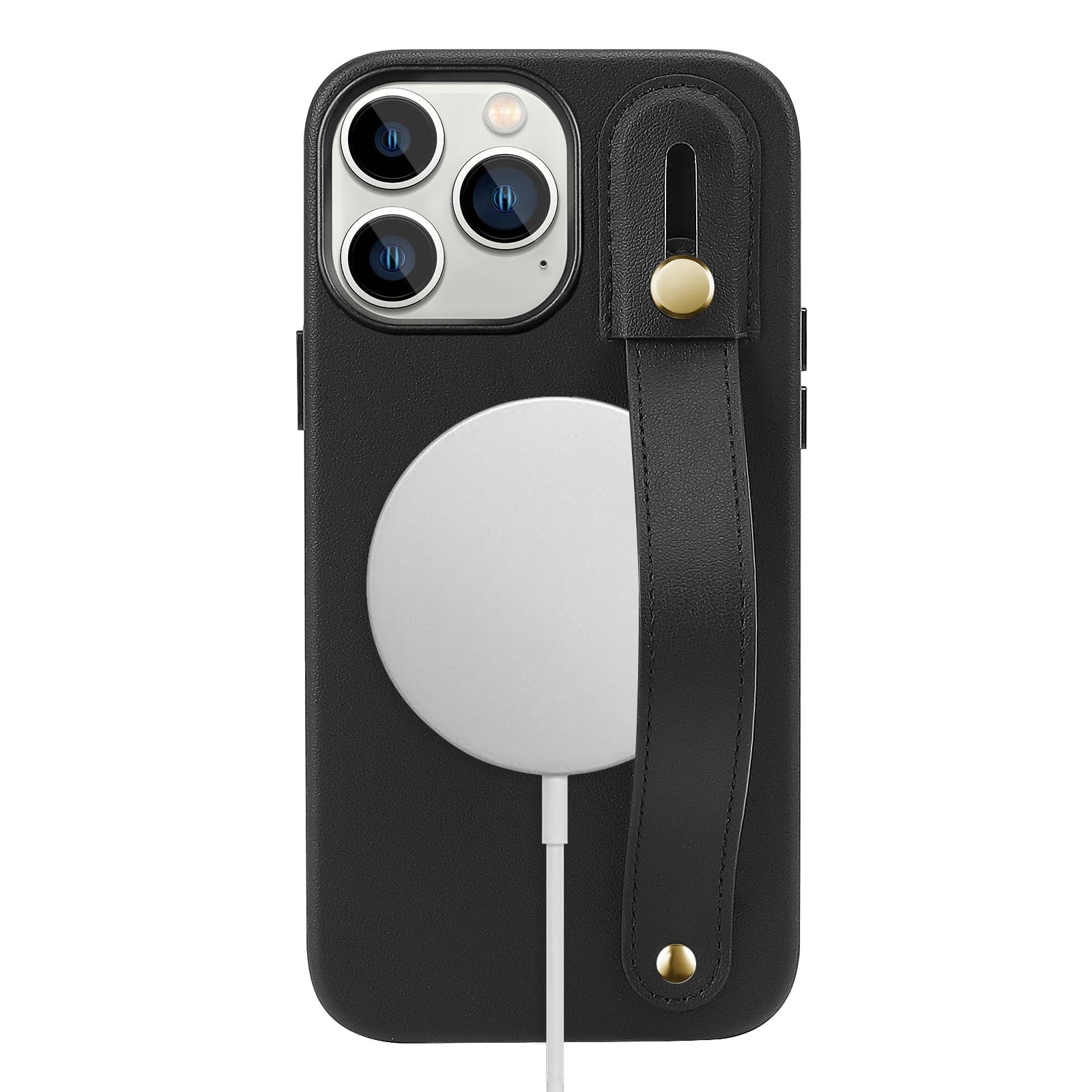 Protection Kit Bundle - Genuine Leather FingerGrip Case with Tempered Glass Screen and Camera Protector for iPhone 15 Pro Max - Black