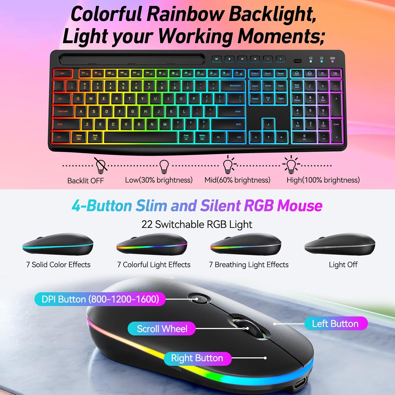Rechargeable Silent Wireless Keyboard & Mouse Combo - 106 Keys, RGB Backlight