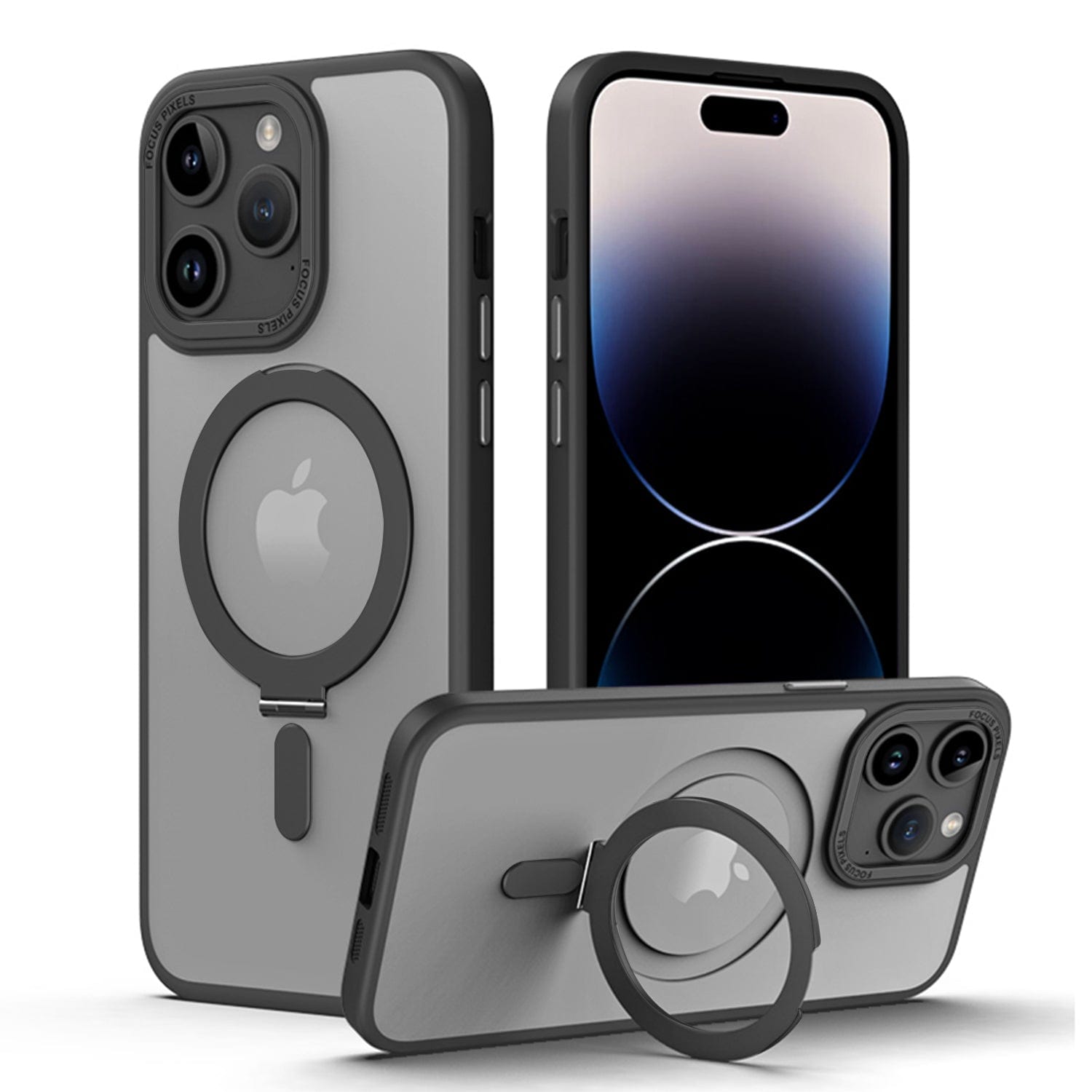 Protection Kit Bundle - Hybrid-Flex Kickstand Case with Tempered Glass Screen and Camera Protector for iPhone 15 Pro Max - Clear Black