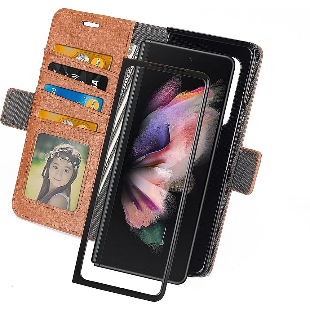 Genuine Leather Folio Wallet Case for Samsung Galaxy Z Fold5 - Brown