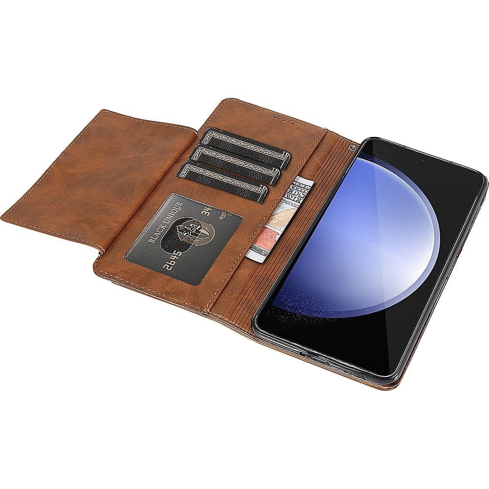 Genuine Leather Folio Wallet Case for Samsung Galaxy S23 FE - Brown