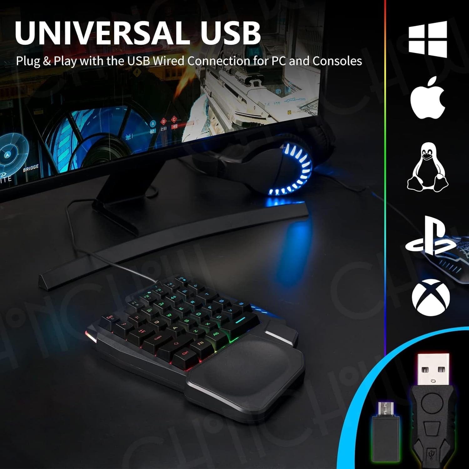 Ergonomic Wired Gaming Keyboard - LED Rainbow Backlight, 35-Key | Ultima Series