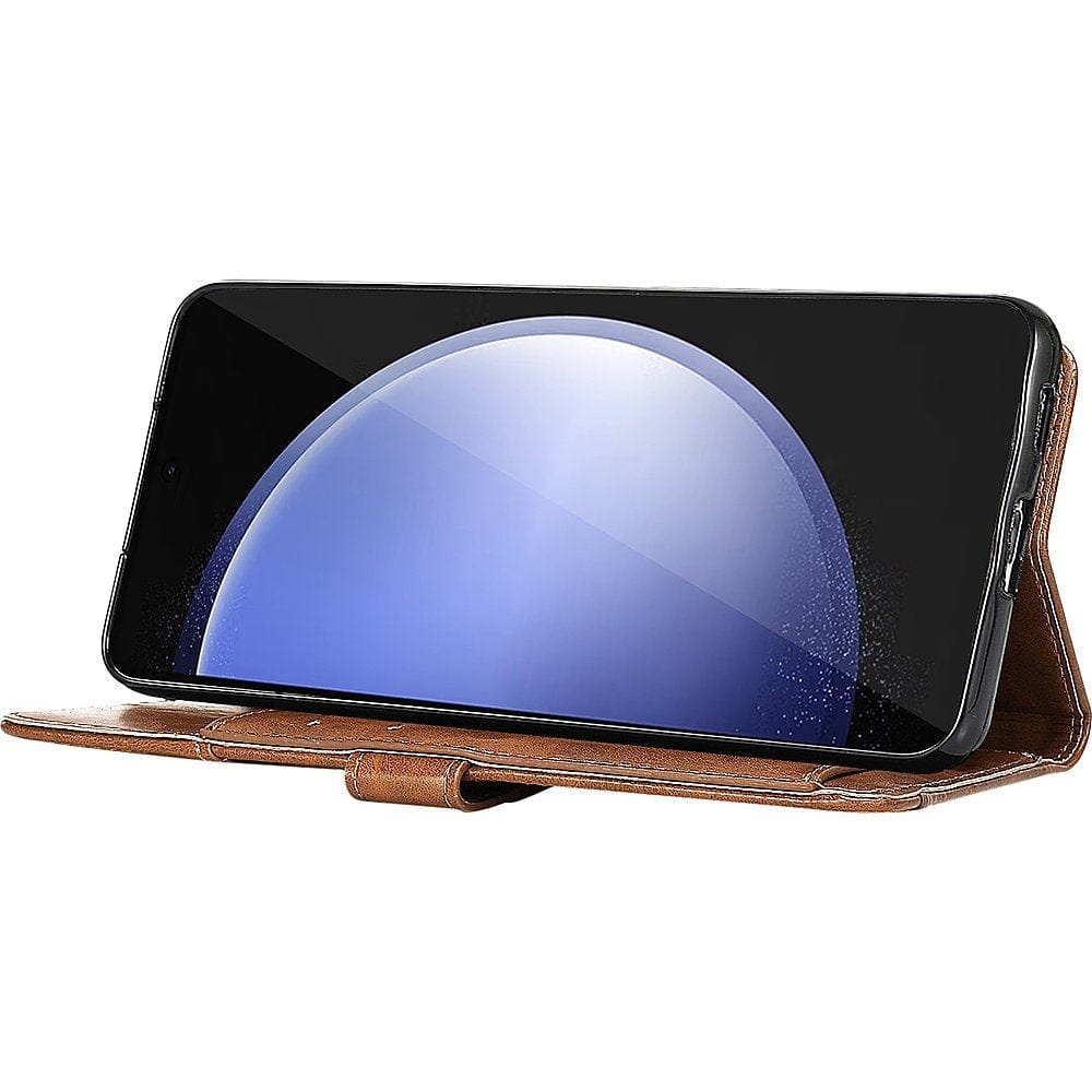 Genuine Leather Folio Wallet Case for Samsung Galaxy S23 FE - Brown