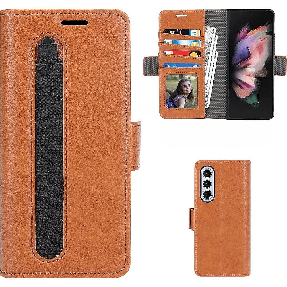 Genuine Leather Folio Wallet Case for Samsung Galaxy Z Fold5 - Brown
