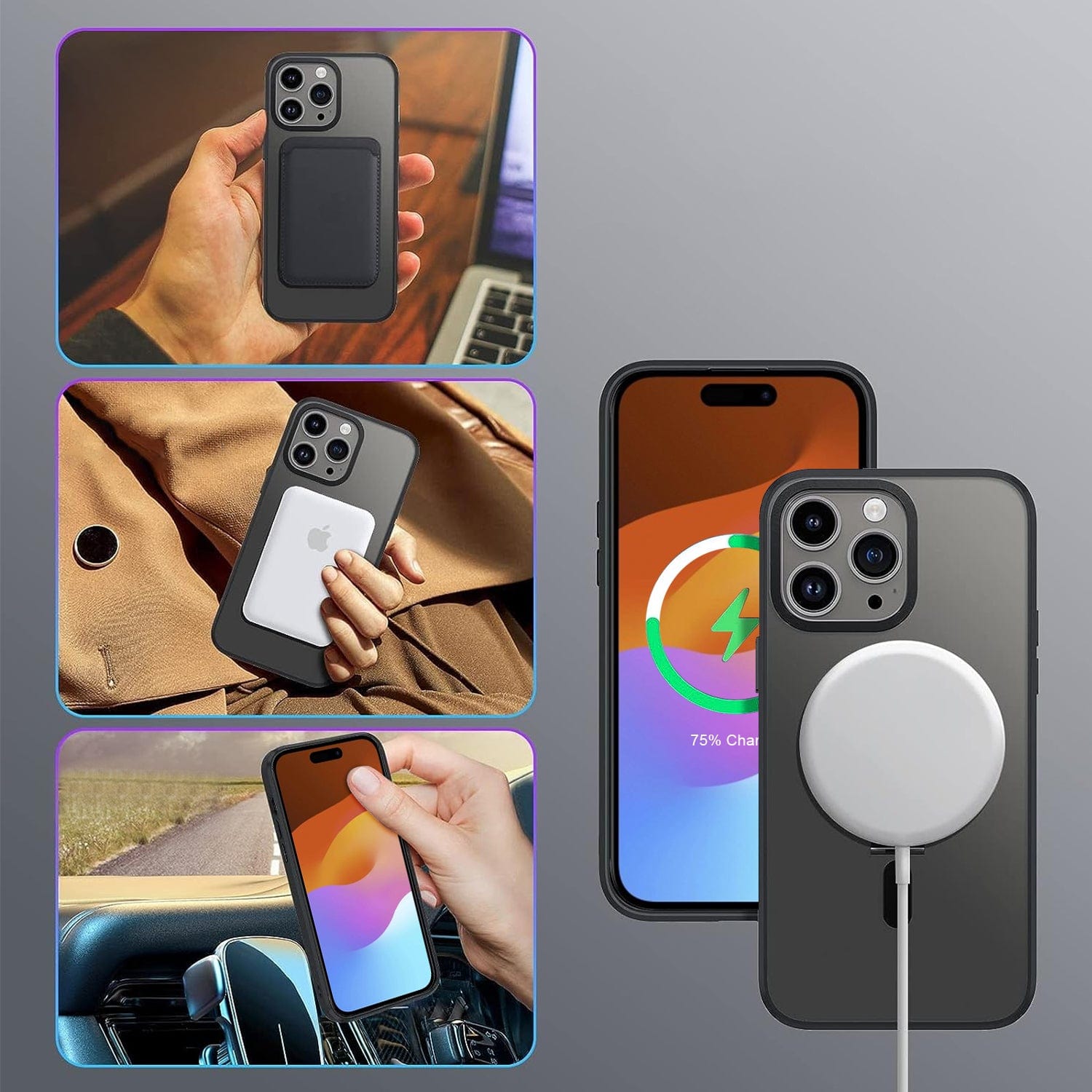 Protection Kit Bundle - Hybrid-Flex Kickstand Case with Tempered Glass Screen and Camera Protector for iPhone 15 Pro Max - Clear Black