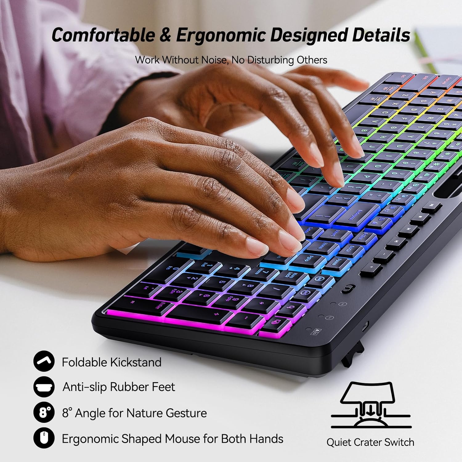 Rechargeable Silent Wireless Keyboard & Mouse Combo - 106 Keys, RGB Backlight