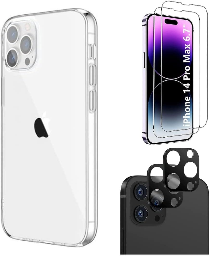 iPhone 14 Pro Max 6.7-inch Protection Kit Bundle - Hybrid-Flex Hard Shell Case with Tempered Glass Screen and Camera Protector - Clear