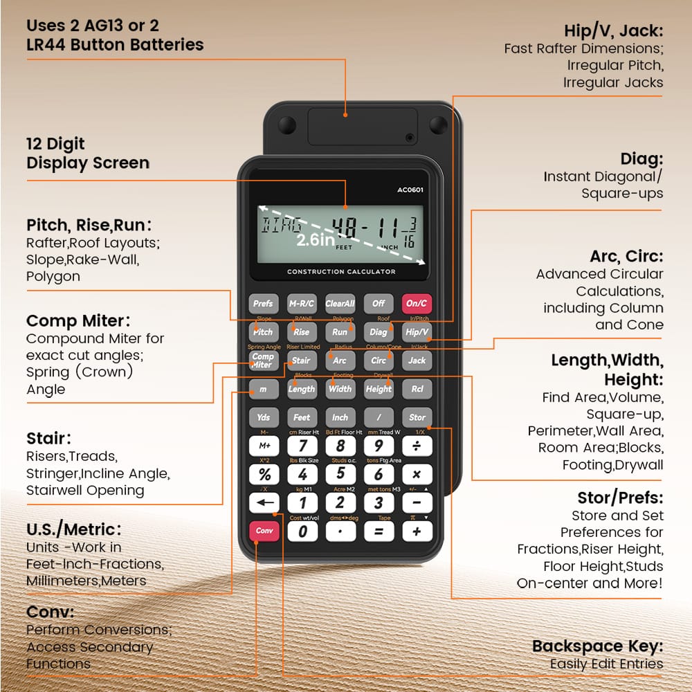 Sahara Construction Calculator - 200+ Engineering Functions & 2.6" LCD Display