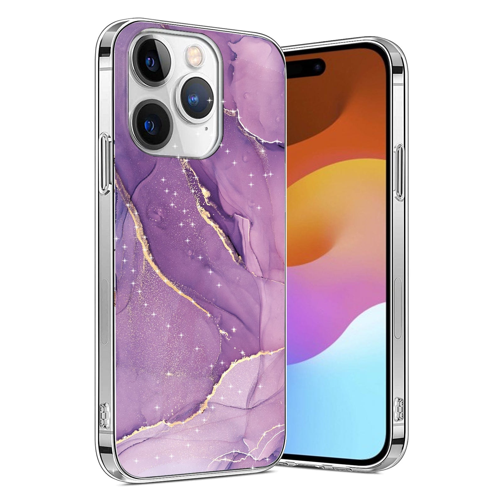 Protection Kit Bundle - Purple Marble Case with Tempered Glass Screen and Camera Protector for iPhone 15 Pro Max
