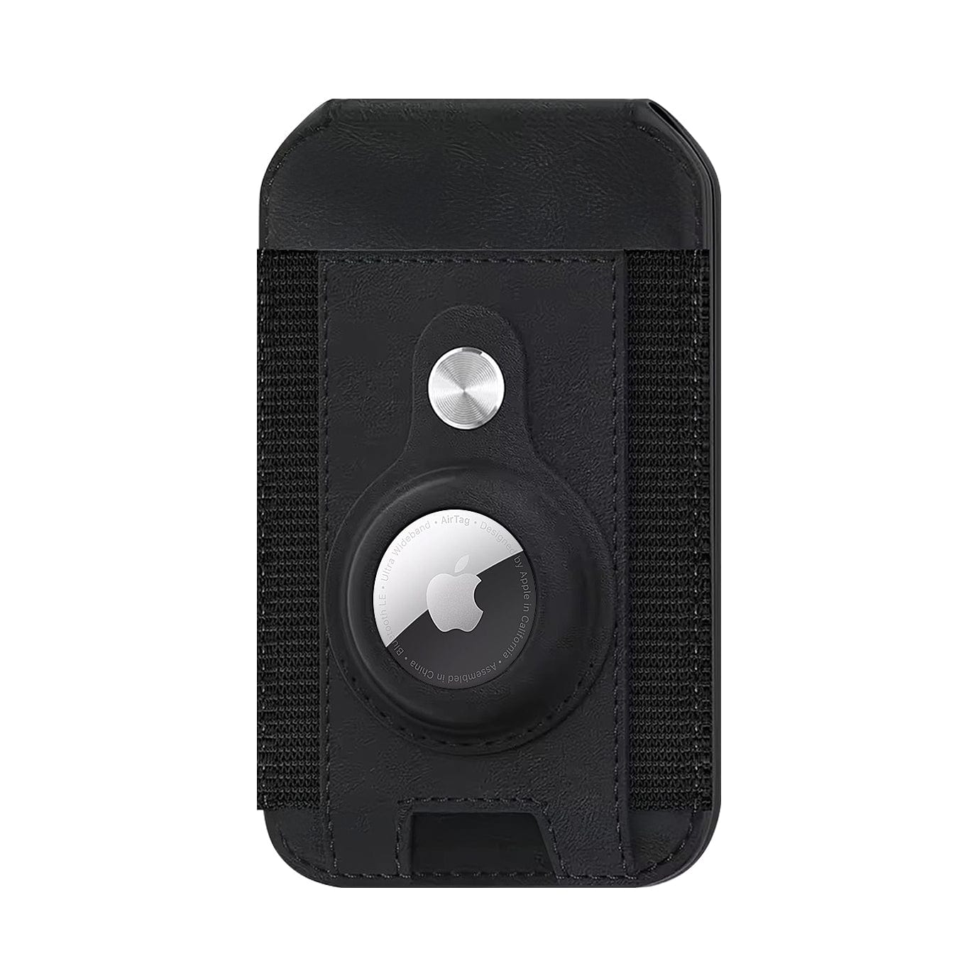 iPhone Black Leather Wallet Case with AirTag Holder & Stand - MagSafe | Indy Series