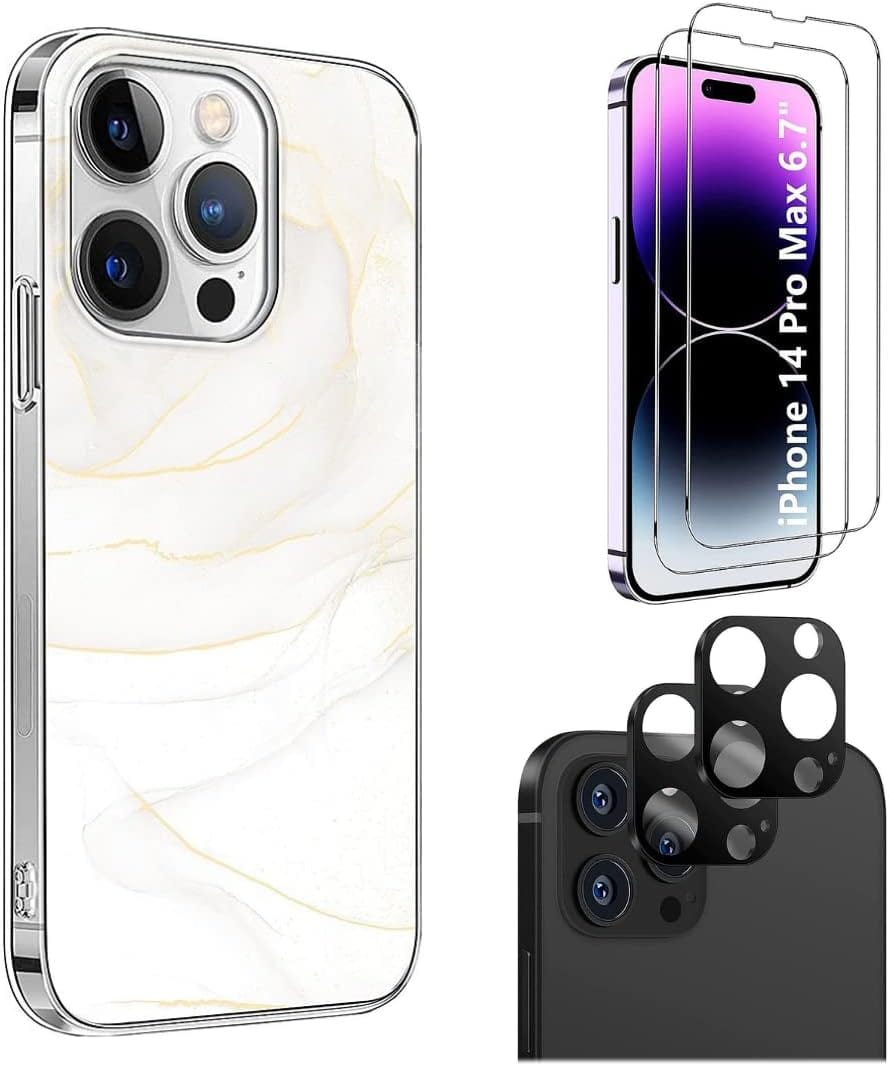 iPhone 14 Pro Max 6.7-inch Protection Kit Bundle - Marble Series Case with Tempered Glass Screen and Camera Protector (White Marble)