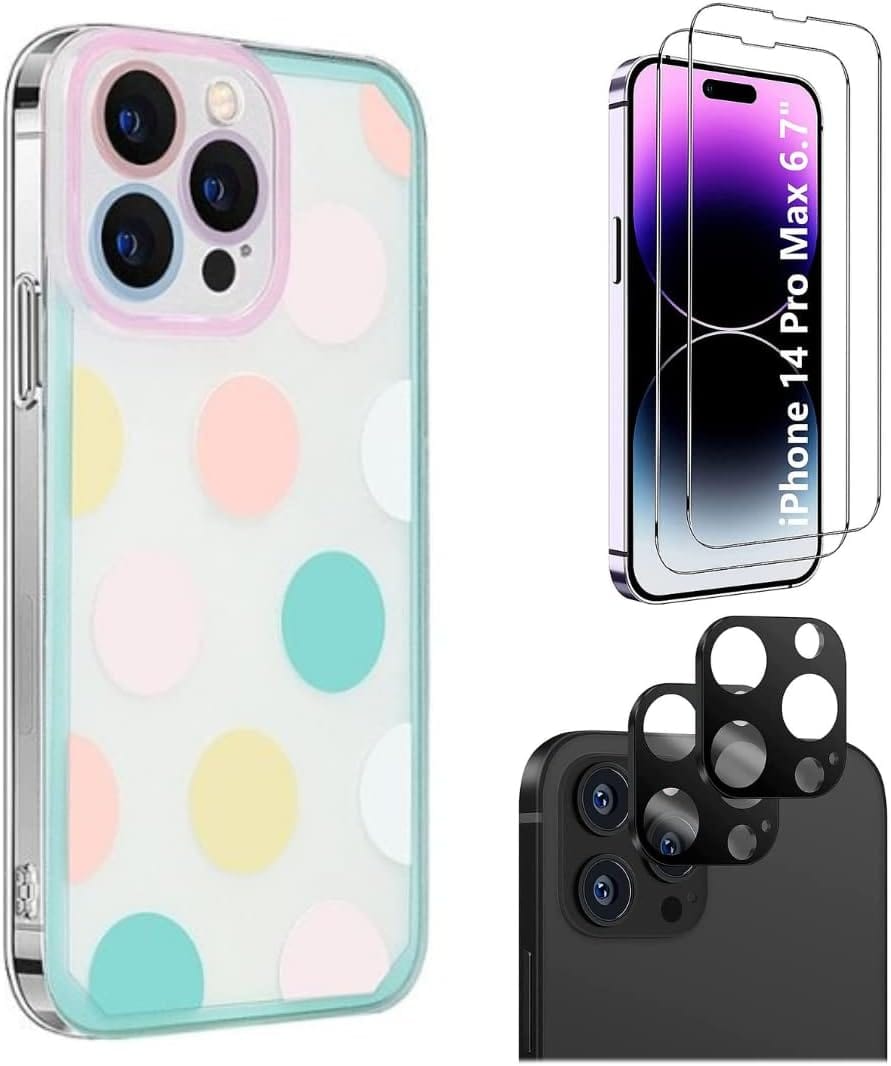 iPhone 14 Pro Max Protection Kit Bundle - Polkadot Hybrid-Flex Hard Shell Case with Tempered Glass Screen and Camera Protector (Clear/Pink/Teal)