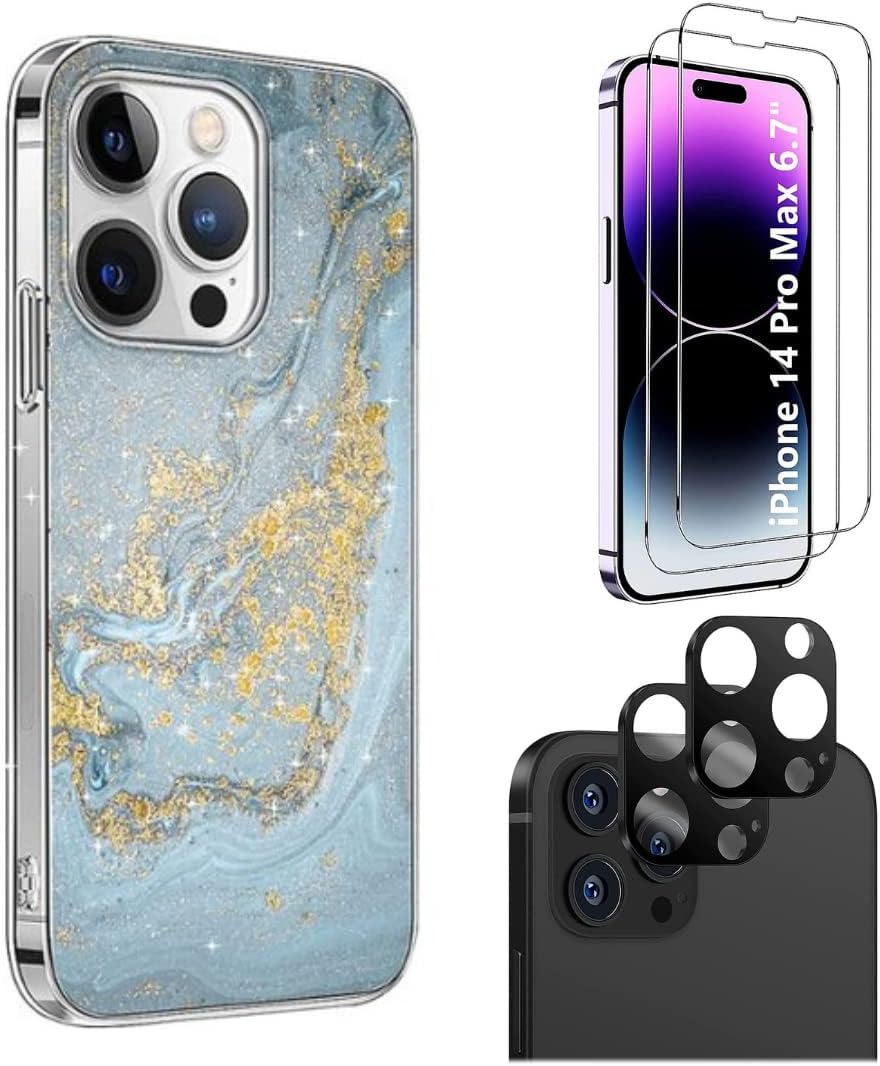 iPhone 14 Pro Max 6.7-inch Protection Kit Bundle - Marble Series Case with Tempered Glass Screen and Camera Protector (Blue Marble)