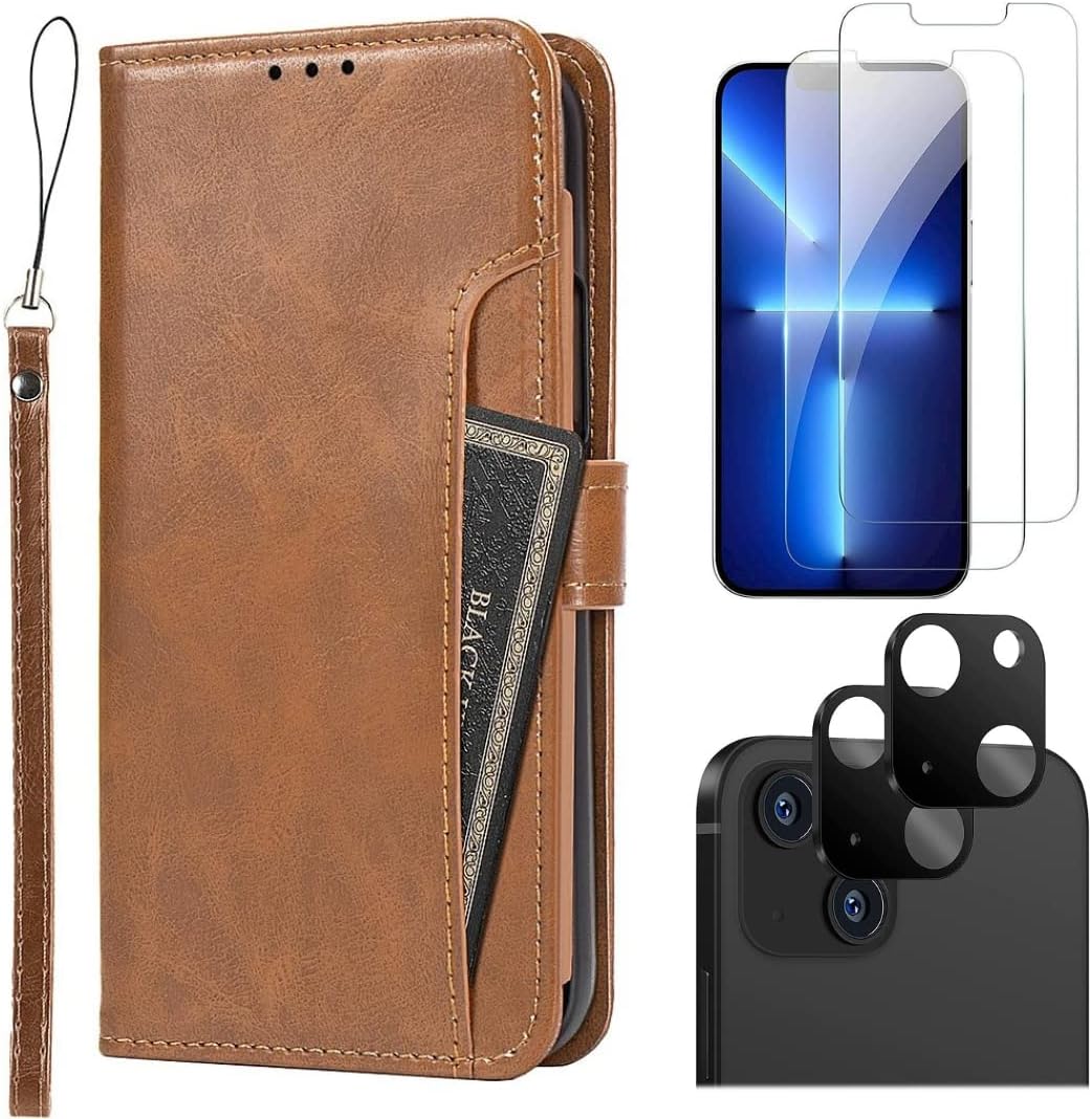 Indy Series Brown Leather Folio Wallet Case with Tempered Glass Screen and Camera Protector - iPhone 14