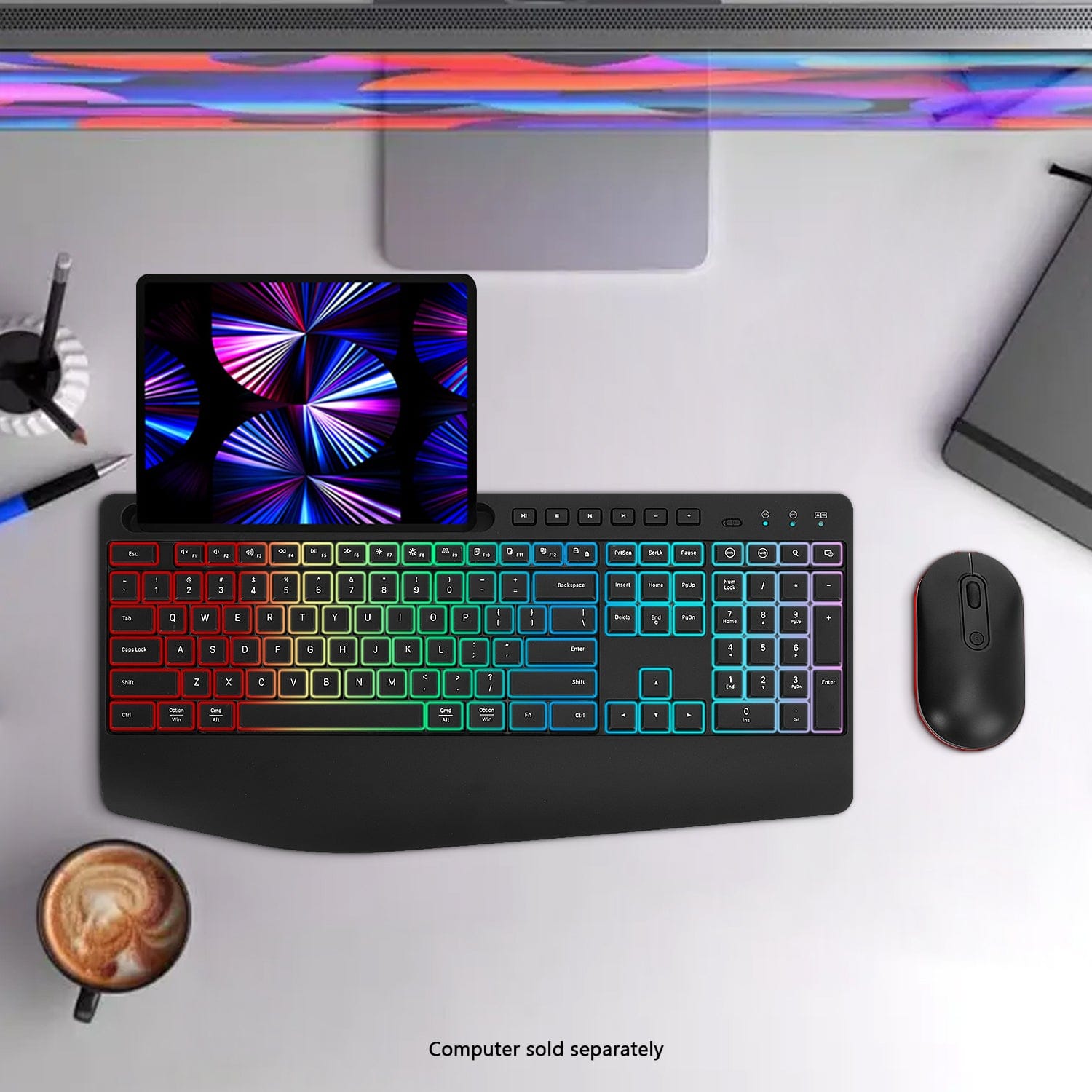 Rechargeable Silent Wireless Keyboard & Mouse Combo - 106 Keys Ergonomic, RGB Backlight, Phone Holder