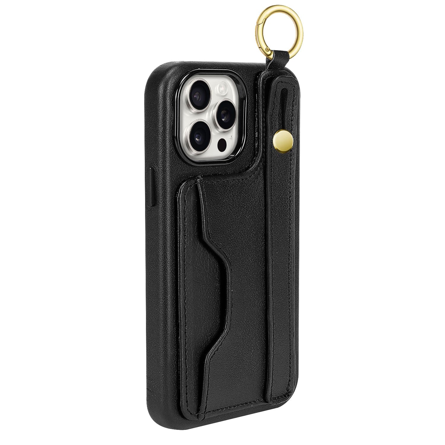 Protection Kit Bundle - Genuine Leather FingerGrip Series Case with Tempered Glass Screen and Camera Protector for iPhone 15 Pro Max - Black