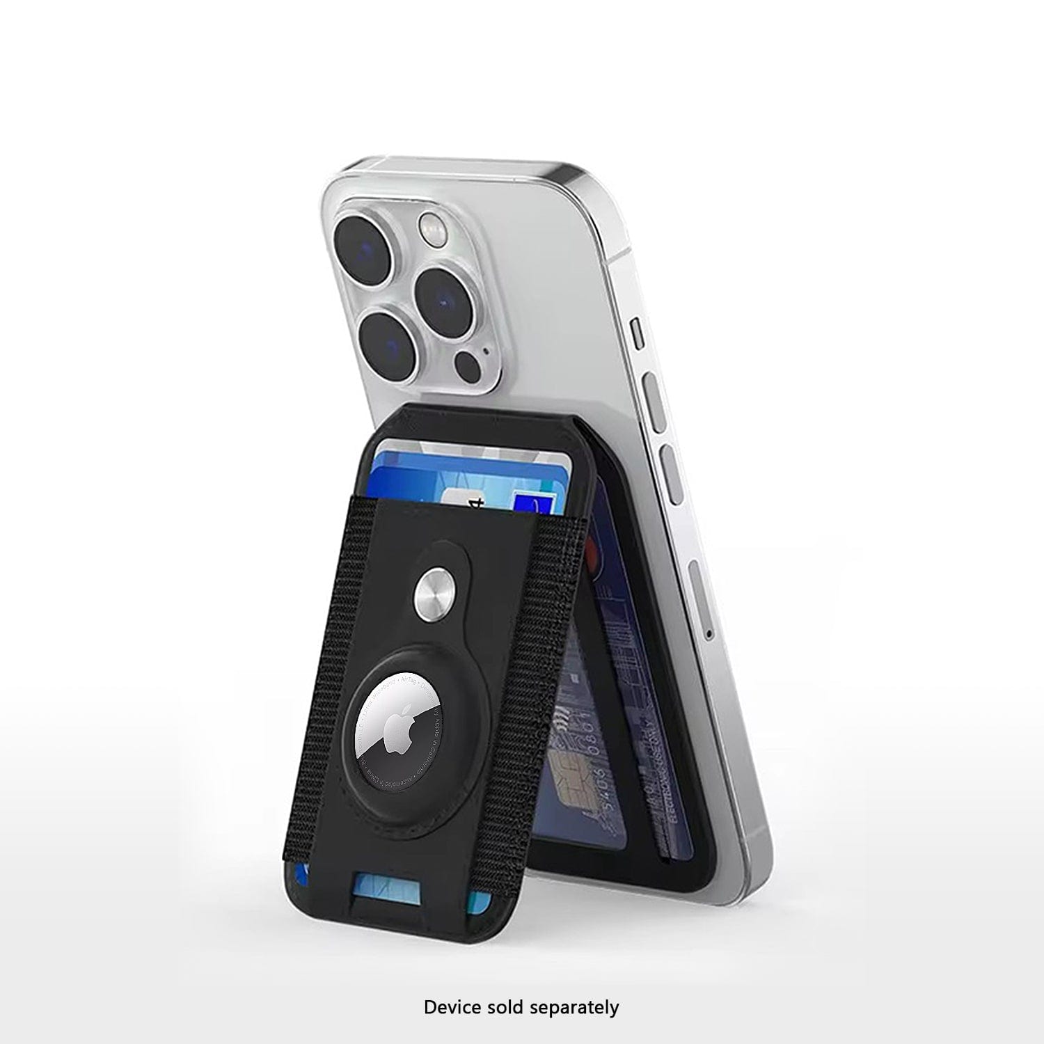 iPhone Black Leather Wallet Case with AirTag Holder & Stand - MagSafe | Indy Series