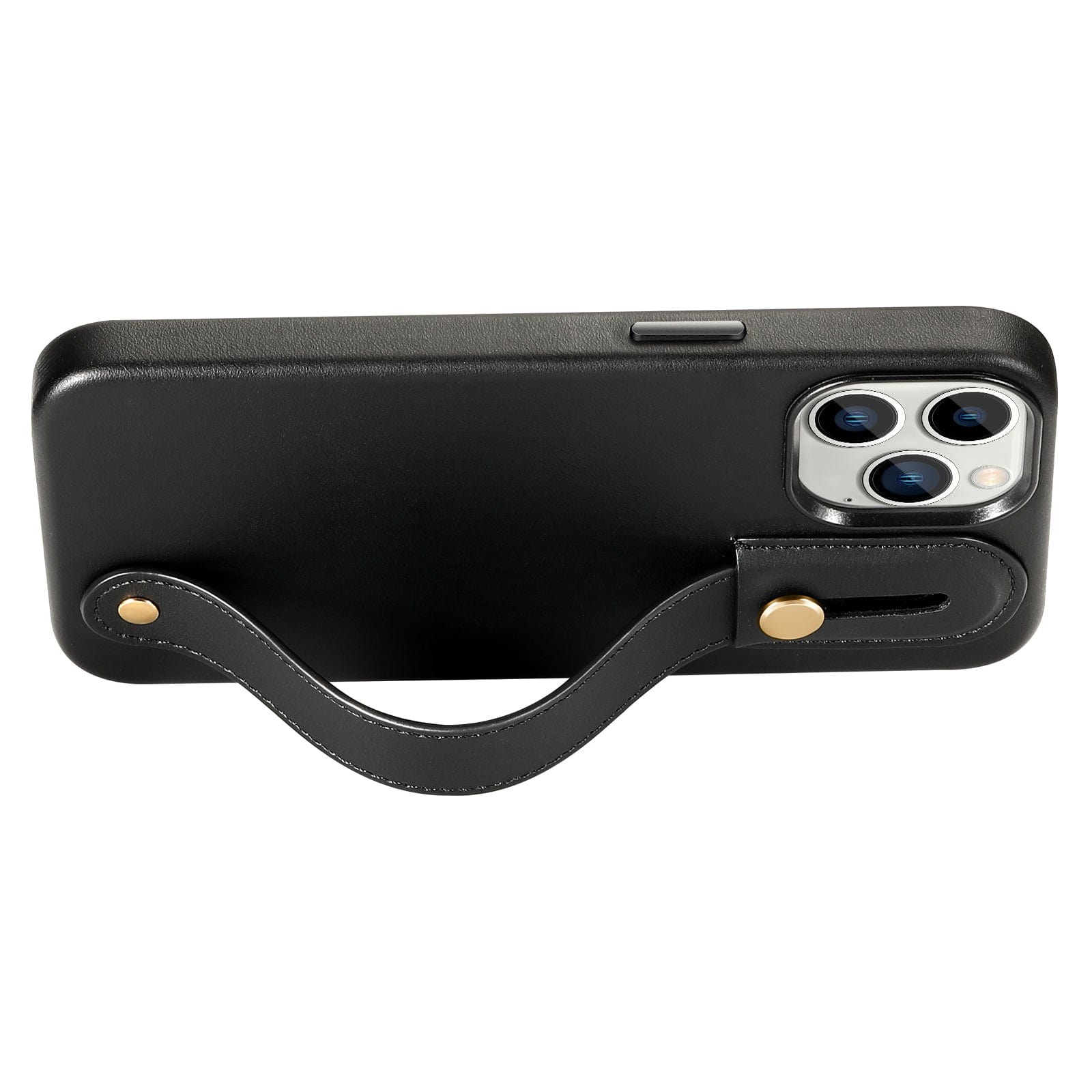 Protection Kit Bundle - Genuine Leather FingerGrip Case with Tempered Glass Screen and Camera Protector for iPhone 15 Pro Max - Black