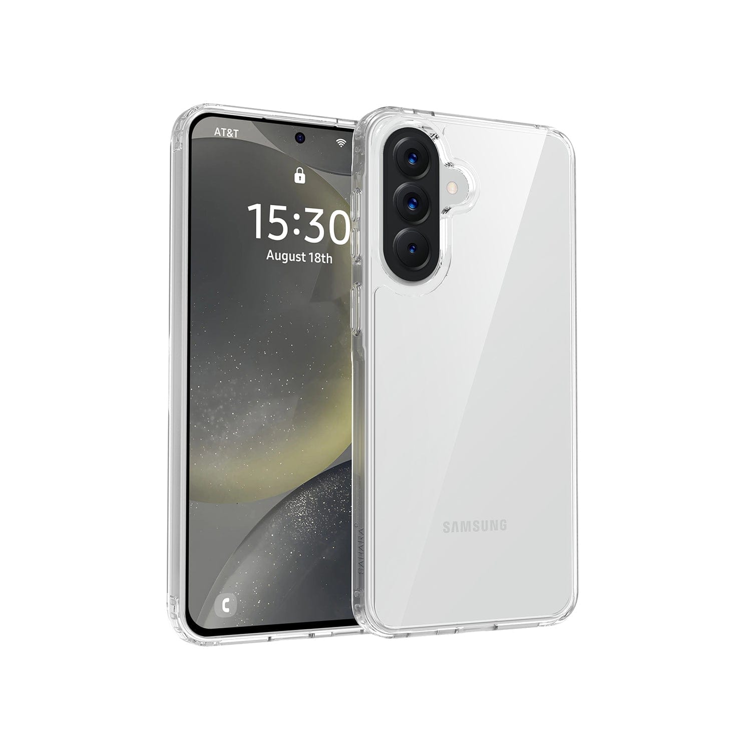 Samsung Galaxy A57 with a clear case on a white background