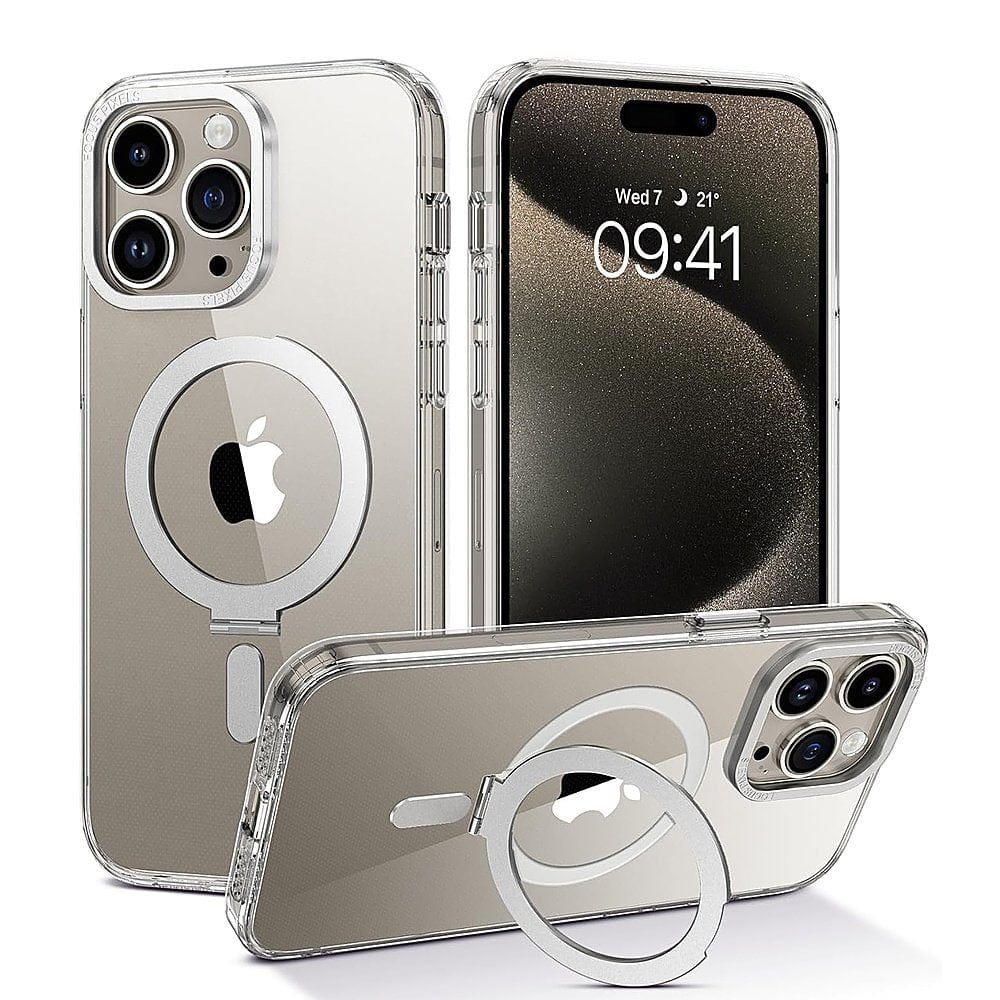 Protection Kit Bundle - Kickstand Case with Tempered Glass Screen and Camera Protector for iPhone 15 Pro Max - Clear