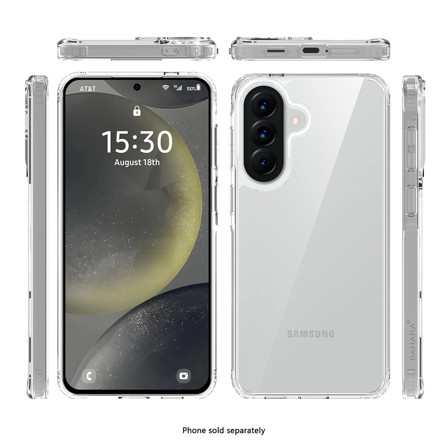Samsung Galaxy A57 phone with clear case on a white background