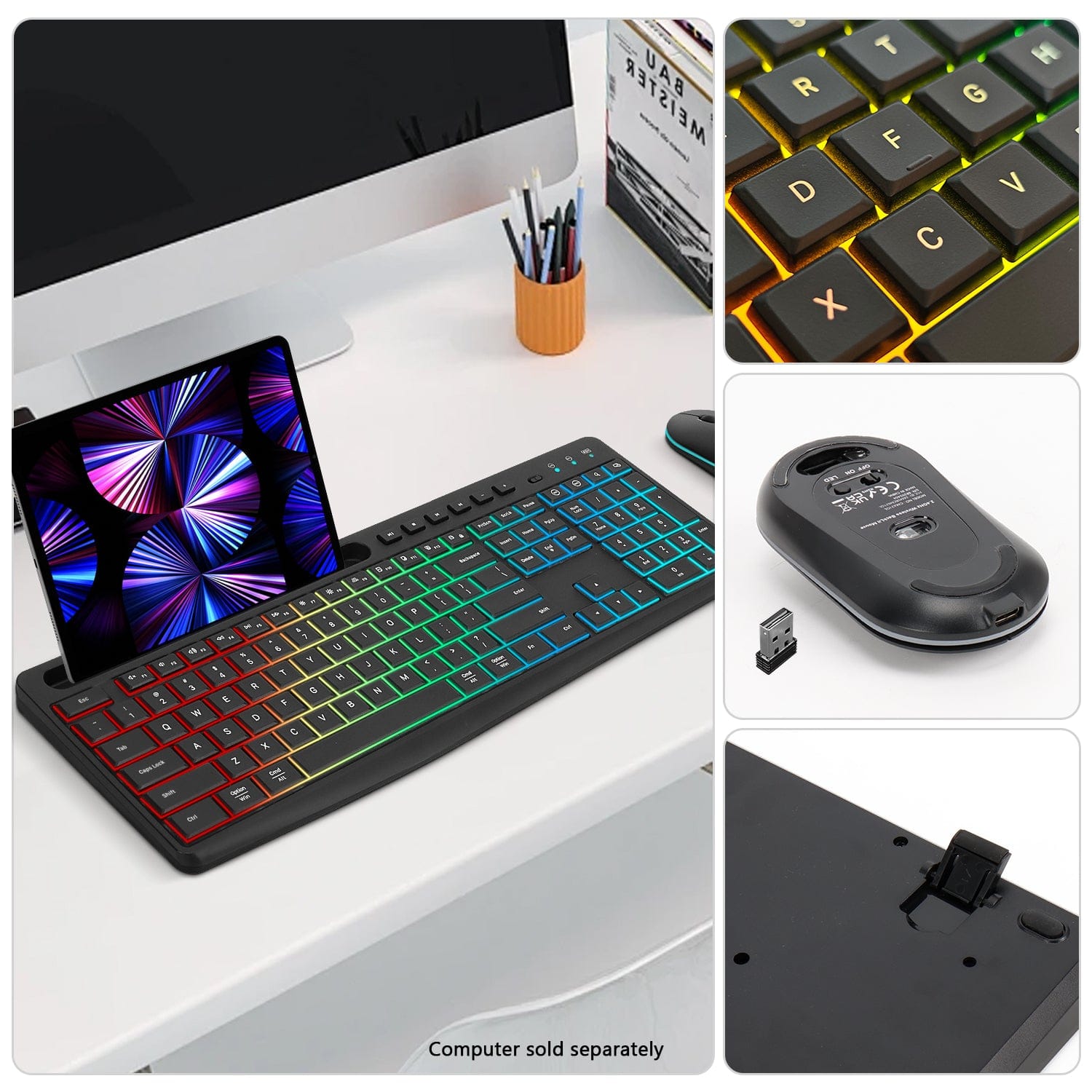 Rechargeable Silent Wireless Keyboard & Mouse Combo - 106 Keys, RGB Backlight