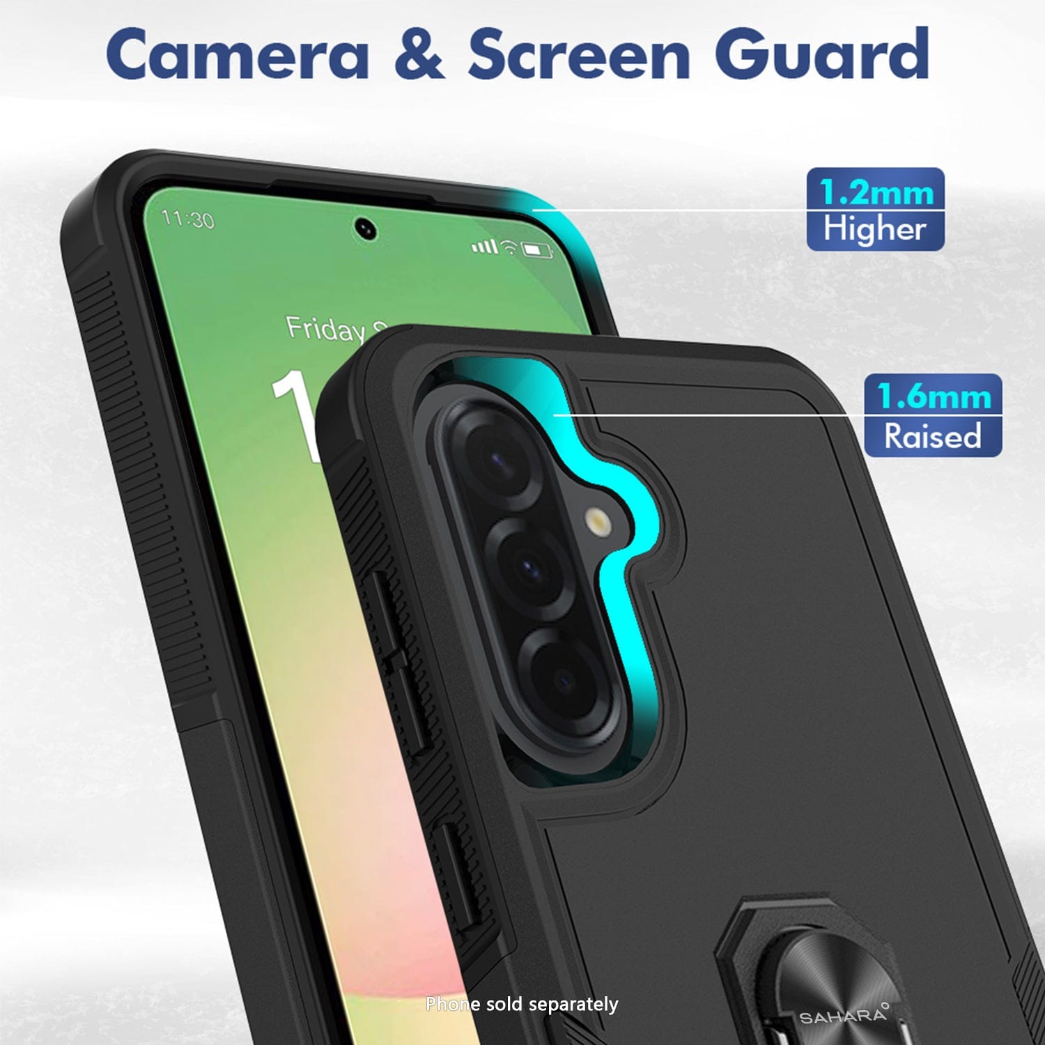 Phone case with camera and screen guard features on a white background