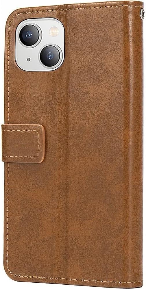 Indy Series Brown Leather Folio Wallet Case with Tempered Glass Screen and Camera Protector - iPhone 14