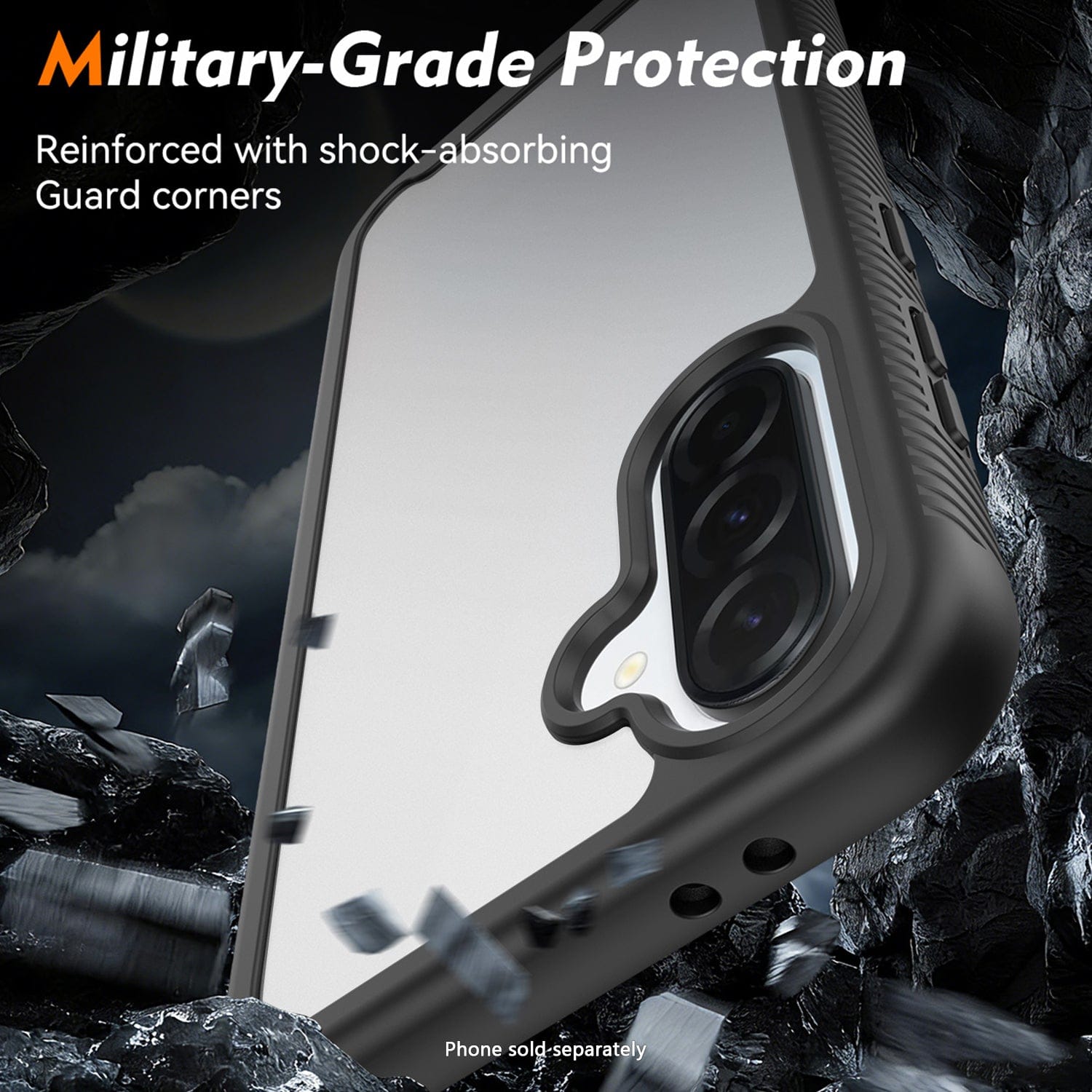 Phone case with military-grade protection features on a rocky background