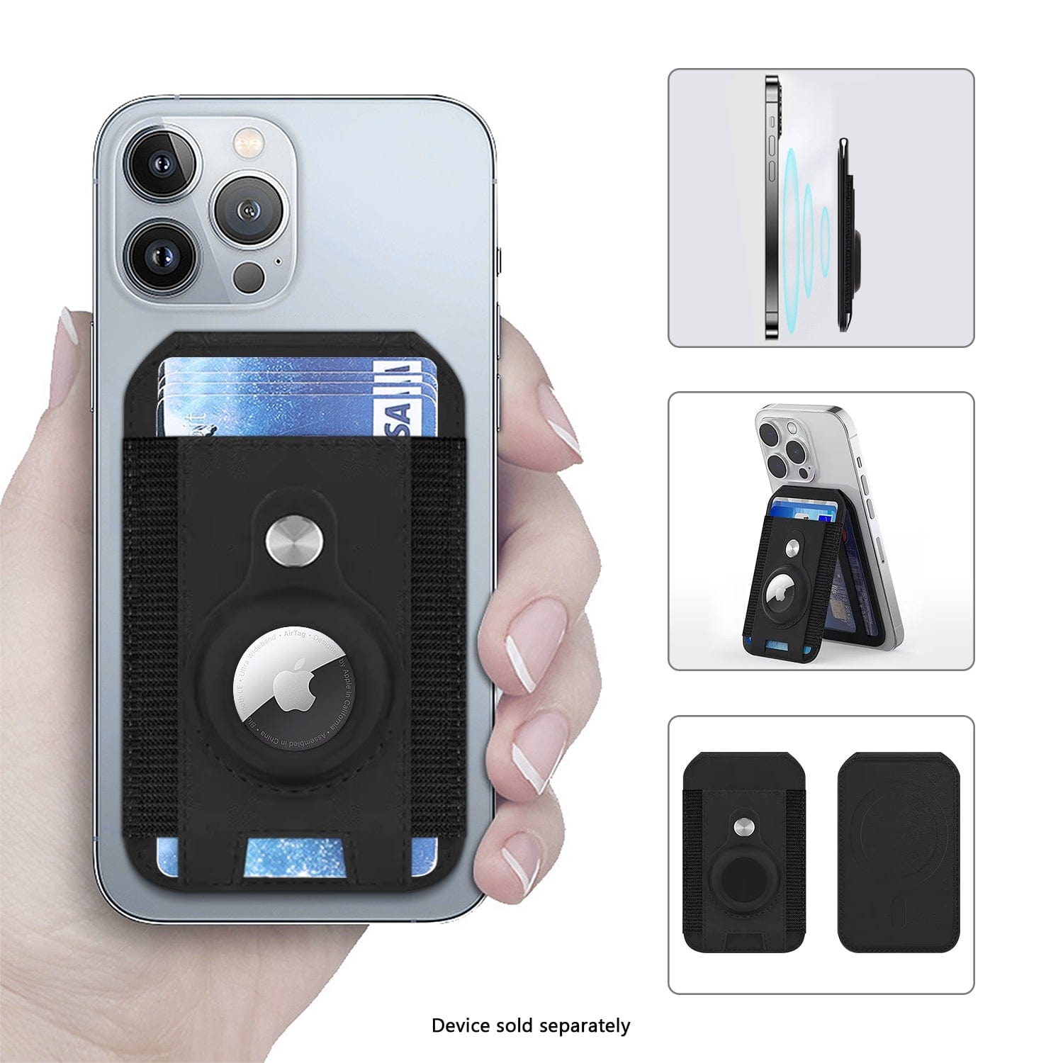 iPhone Black Leather Wallet Case with AirTag Holder & Stand - MagSafe | Indy Series