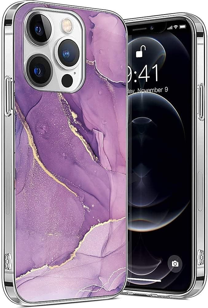 iPhone 14 Pro Max 6.7-inch Protection Kit Bundle - Marble Series Case with Tempered Glass Screen and Camera Protector (Purple Marble)