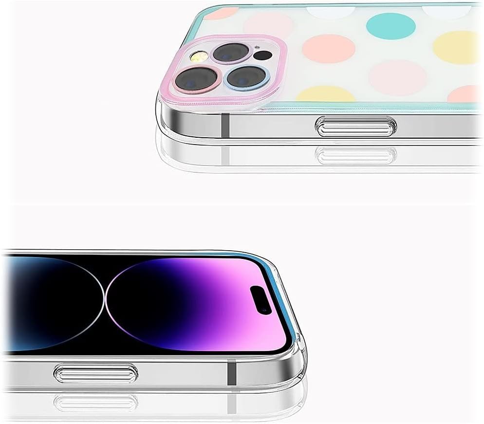 iPhone 14 Pro Max Protection Kit Bundle - Polkadot Hybrid-Flex Hard Shell Case with Tempered Glass Screen and Camera Protector (Clear/Pink/Teal)