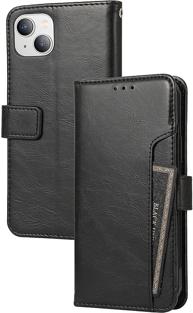 iPhone 14 Plus 6.7-Inch Protection Kit Bundle - Folio Wallet Case with Tempered Glass Screen and Camera Protector (Black)