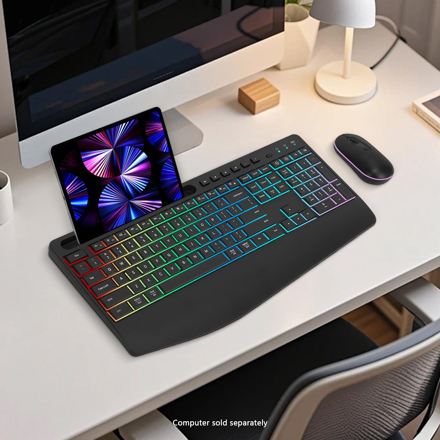 Rechargeable Silent Wireless Keyboard & Mouse Combo - 106 Keys Ergonomic, RGB Backlight, Phone Holder