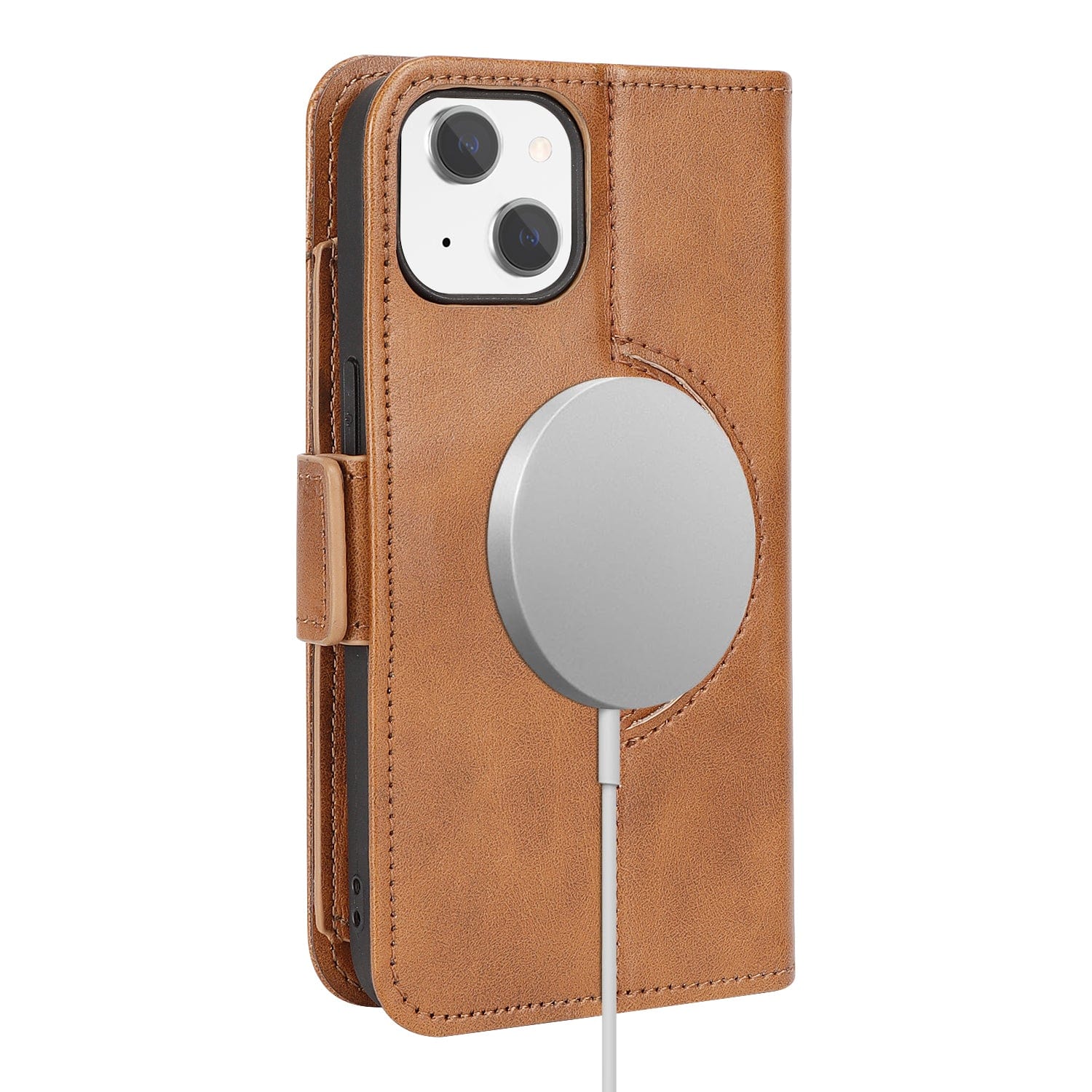 Genuine Leather Folio Wallet Case with MagSafe for Apple iPhone 15 - Brown