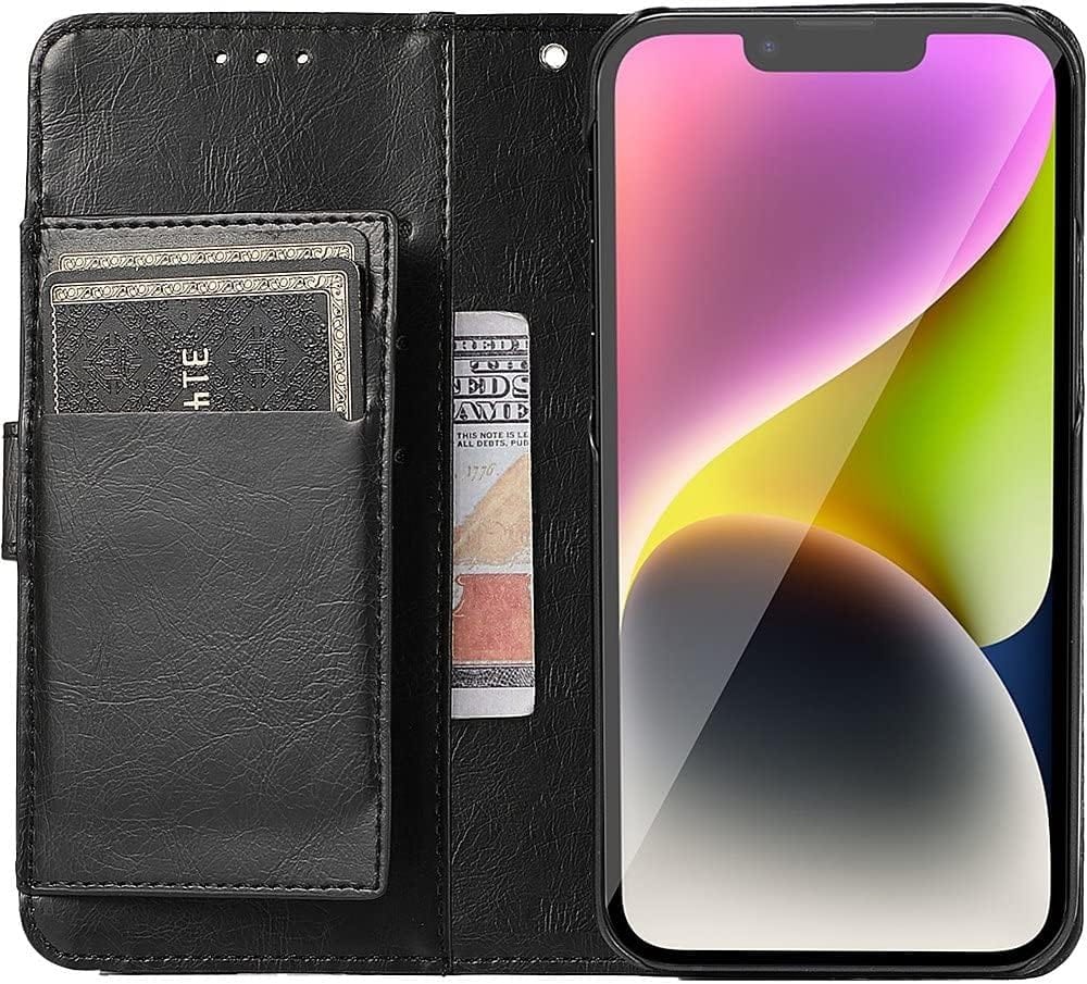 Indy Series Black Leather Folio Wallet Case with Tempered Glass Screen and Camera Protector - iPhone 14