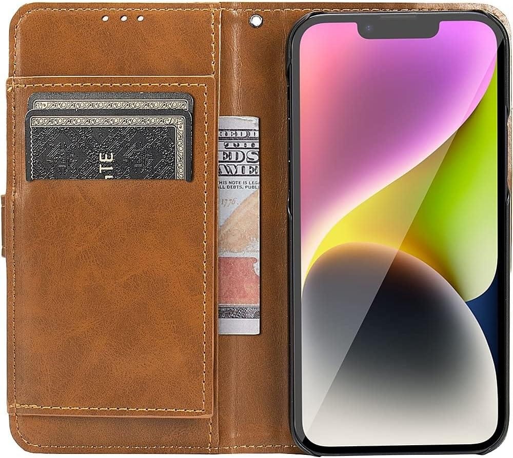Indy Series Brown Leather Folio Wallet Case with Tempered Glass Screen and Camera Protector - iPhone 14