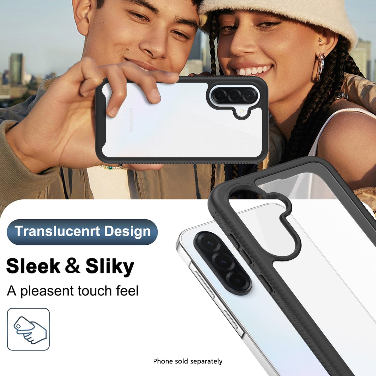 Two people holding a phone with a translucent phone case, cityscape in the background