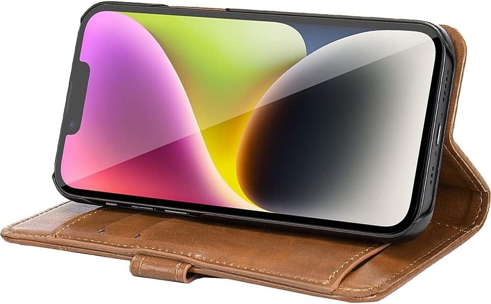 Indy Series Brown Leather Folio Wallet Case with Tempered Glass Screen and Camera Protector - iPhone 14