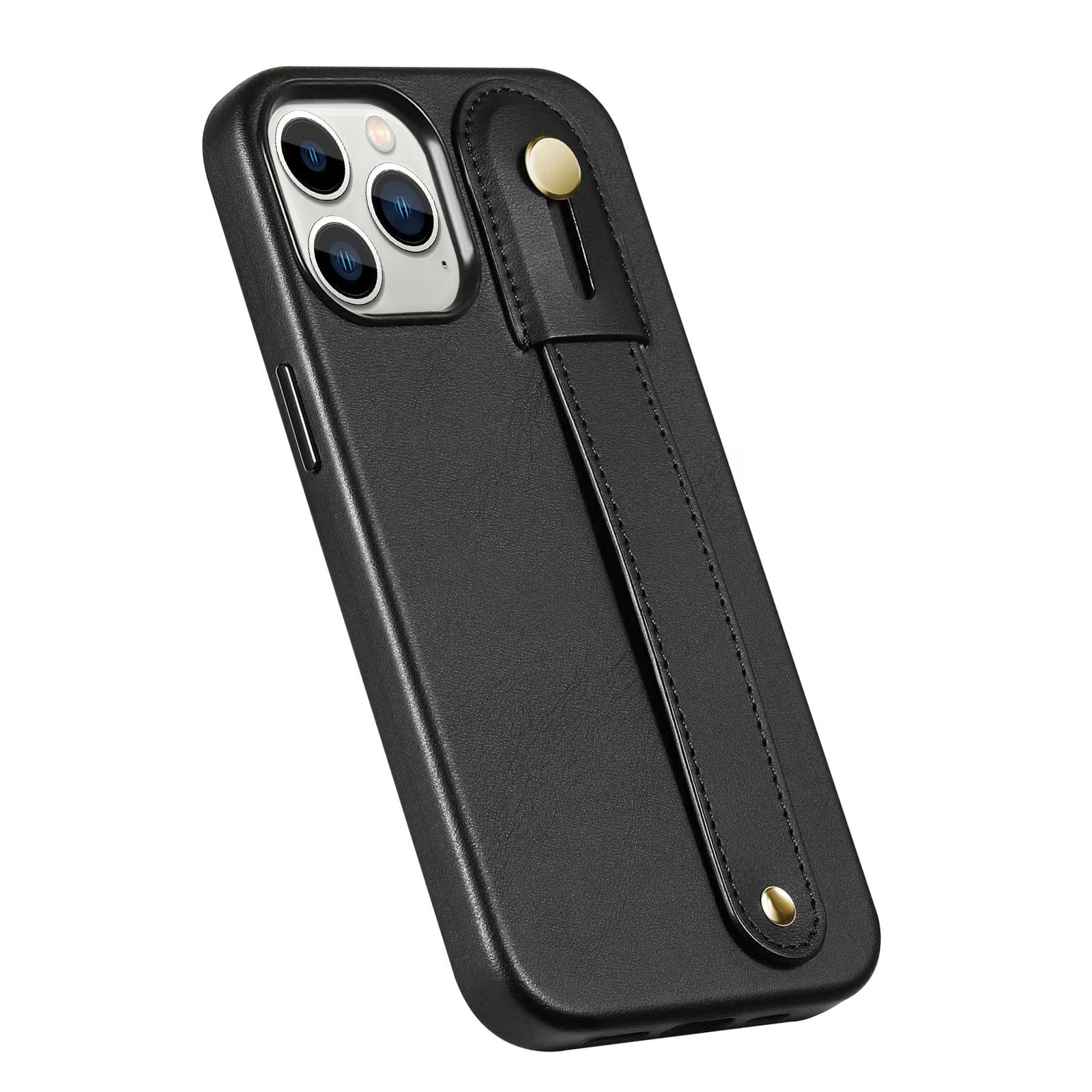 Protection Kit Bundle - Genuine Leather FingerGrip Case with Tempered Glass Screen and Camera Protector for iPhone 15 Pro Max - Black