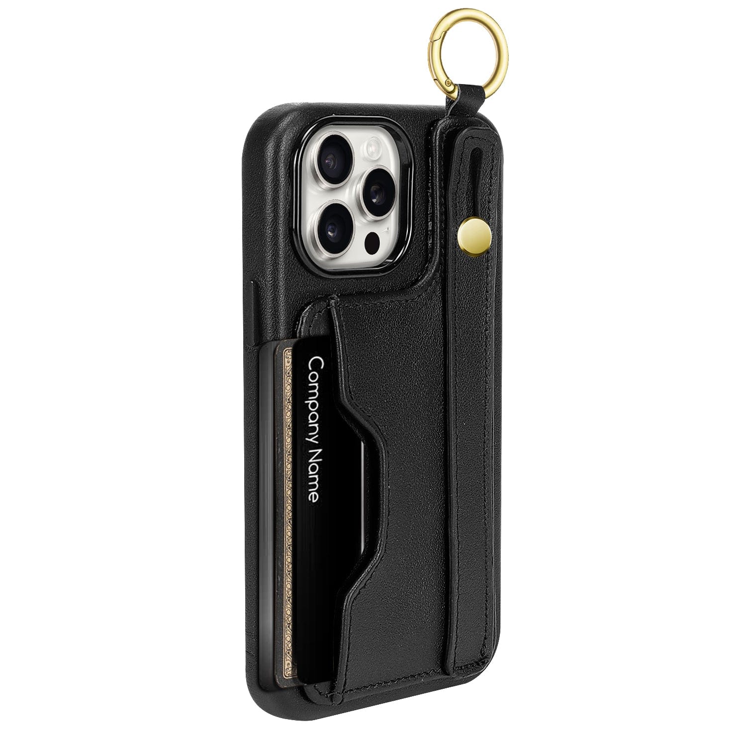 Protection Kit Bundle - Genuine Leather FingerGrip Series Case with Tempered Glass Screen and Camera Protector for iPhone 15 Pro Max - Black