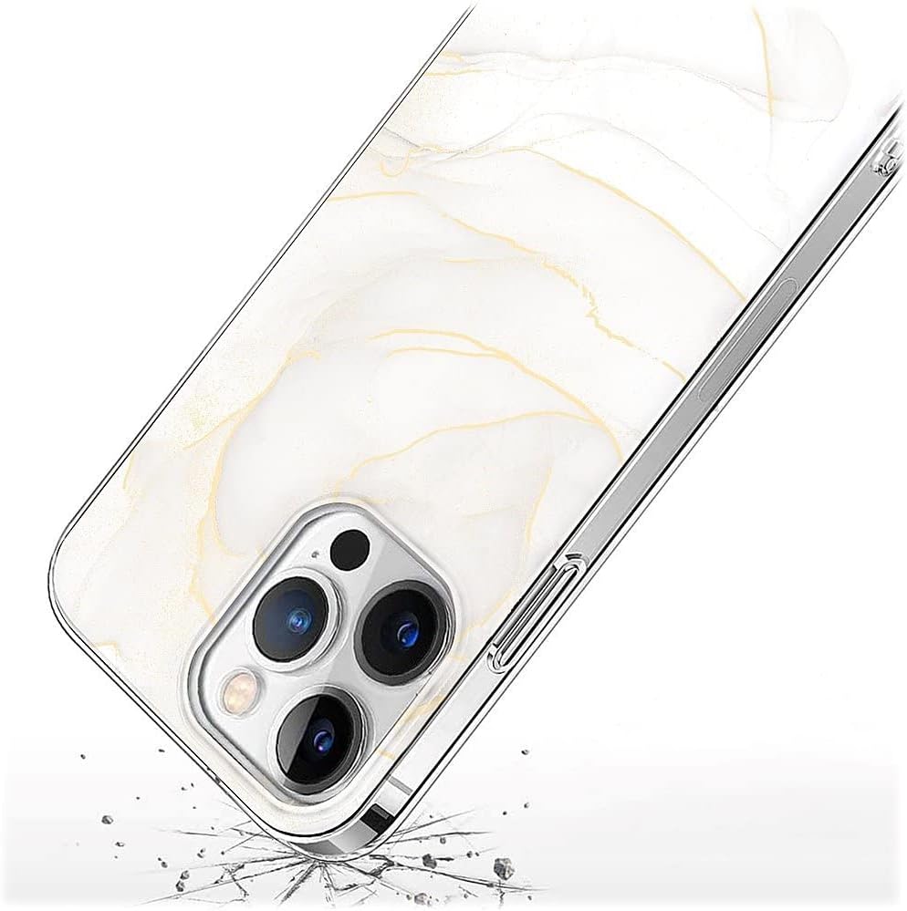 White Marble Series Case with Tempered Glass Screen and Camera Protector - iPhone 14 Pro