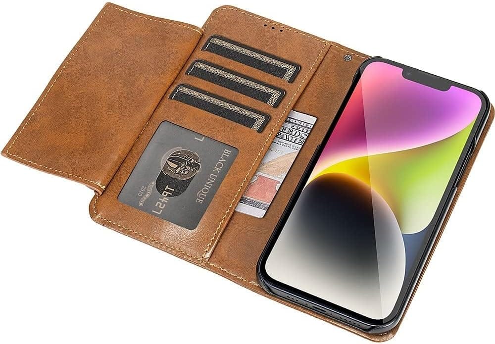 Indy Series Brown Leather Folio Wallet Case with Tempered Glass Screen and Camera Protector - iPhone 14