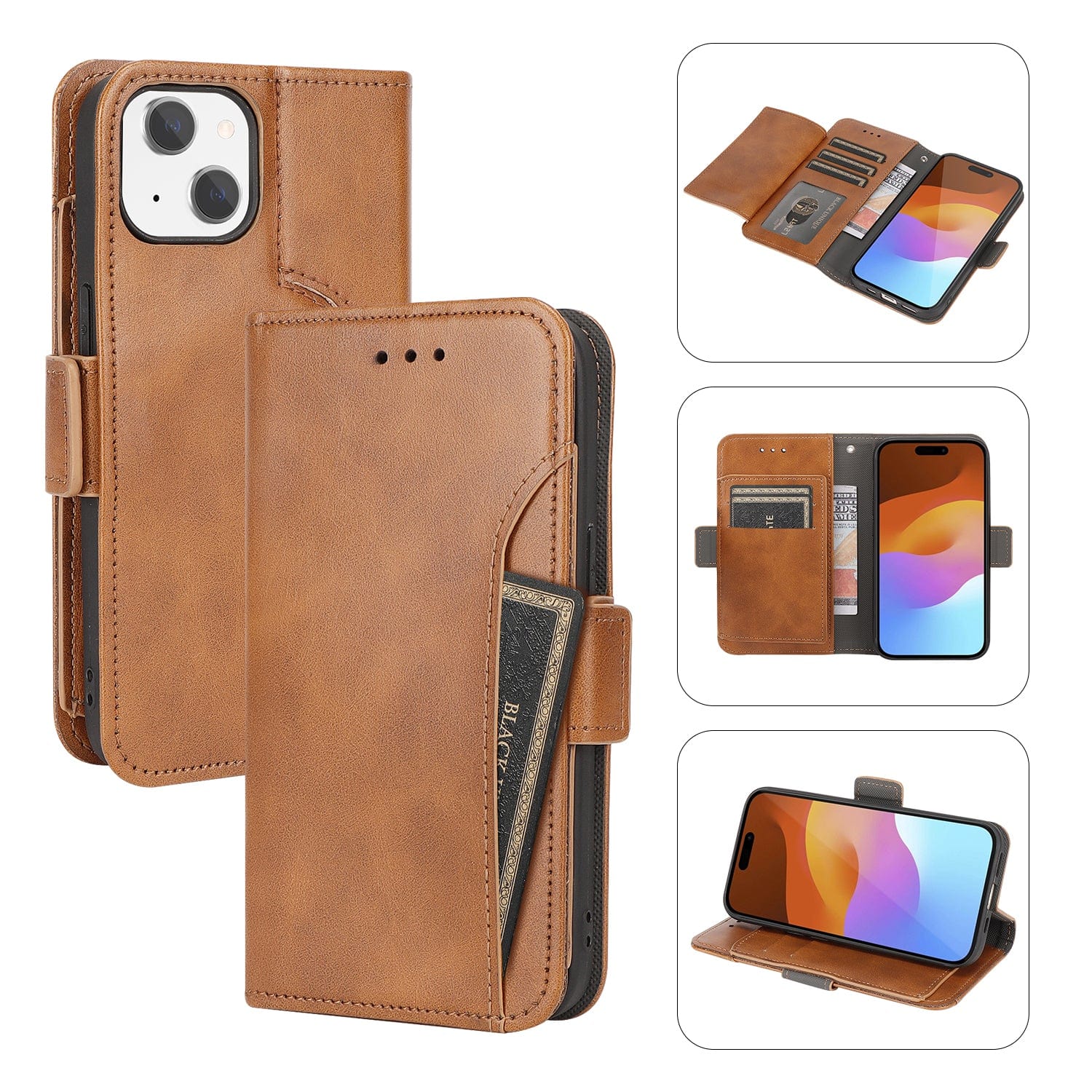 Genuine Leather Folio Wallet Case with MagSafe for Apple iPhone 15 - Brown