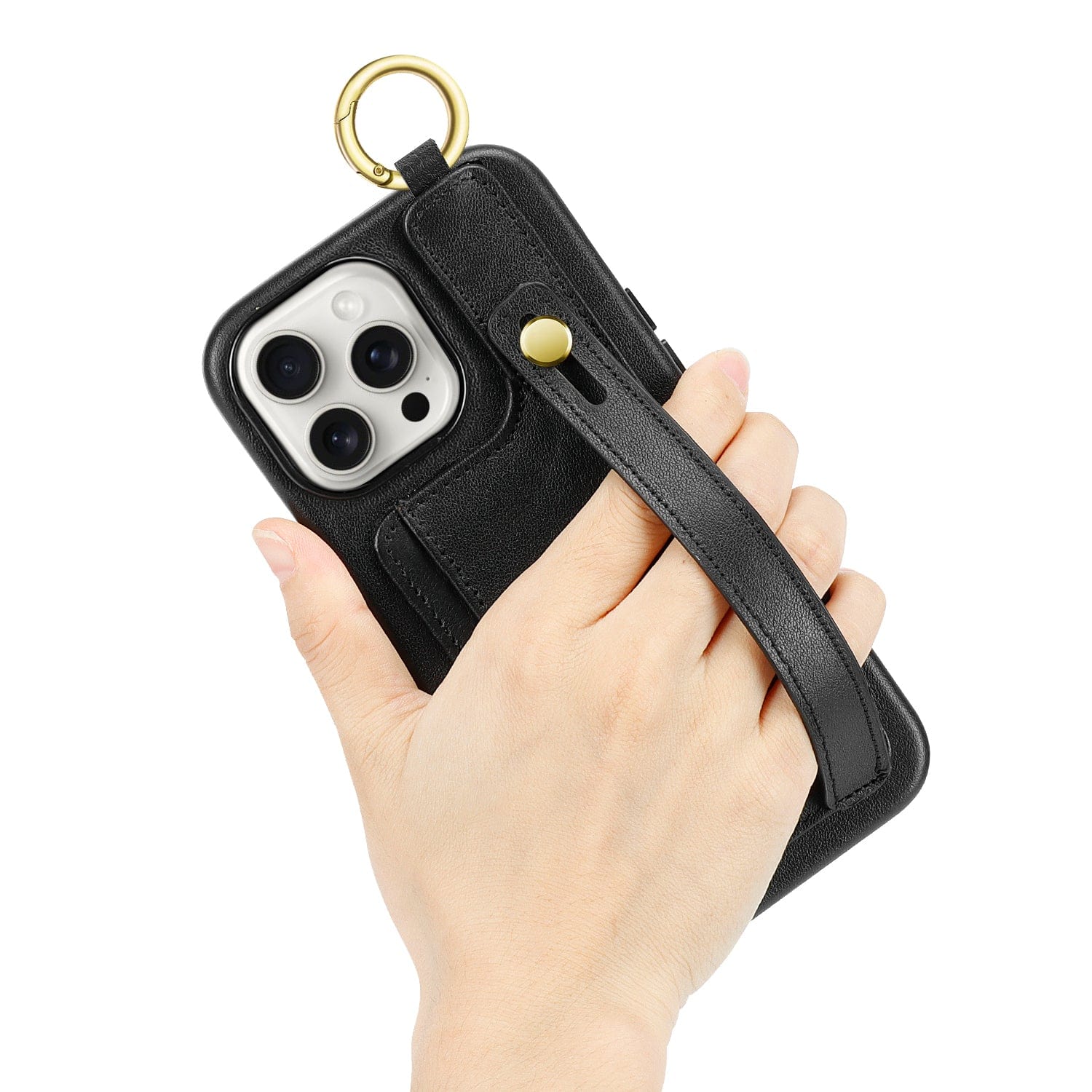 Protection Kit Bundle - Genuine Leather FingerGrip Series Case with Tempered Glass Screen and Camera Protector for iPhone 15 Pro Max - Black