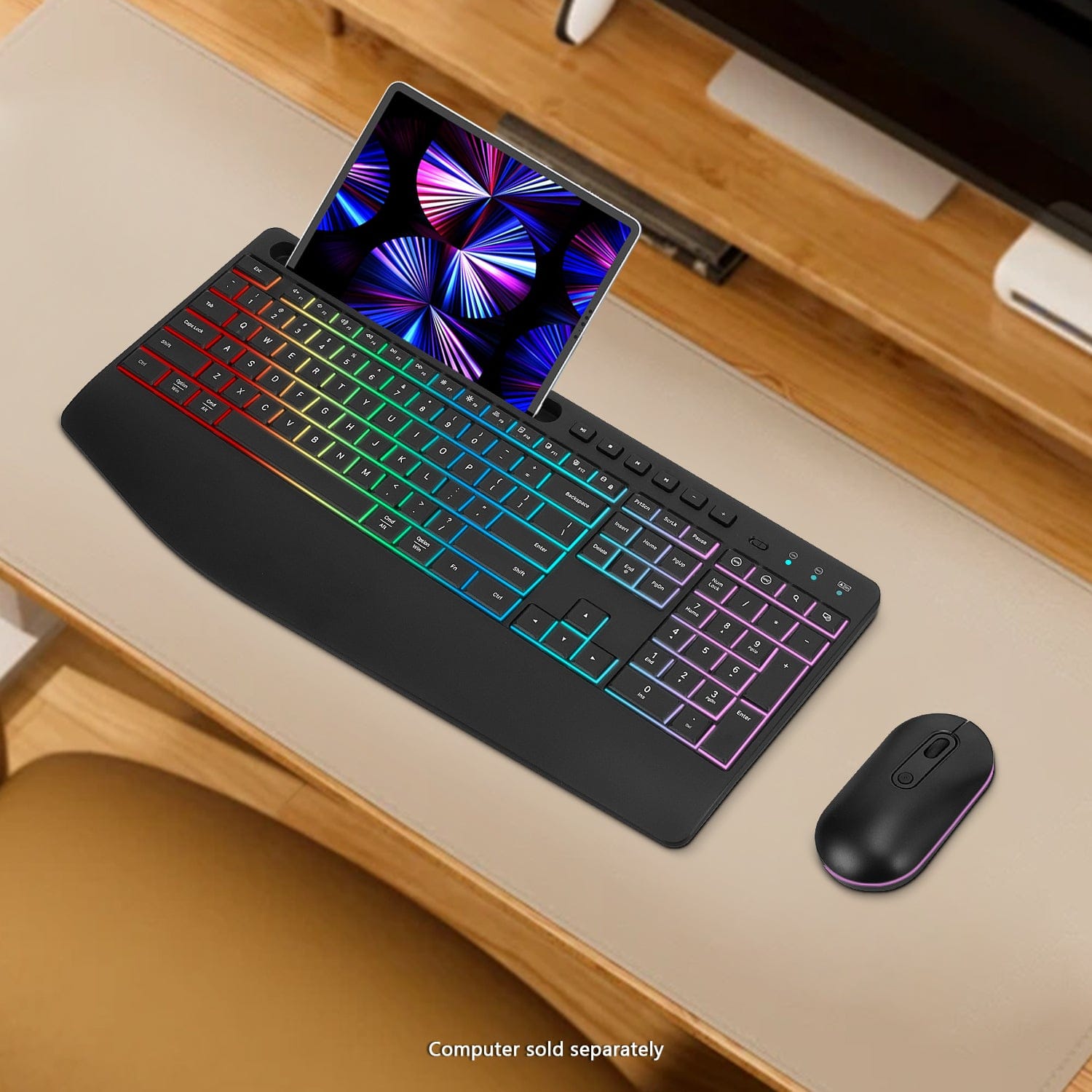 Rechargeable Silent Wireless Keyboard & Mouse Combo - 106 Keys Ergonomic, RGB Backlight, Phone Holder