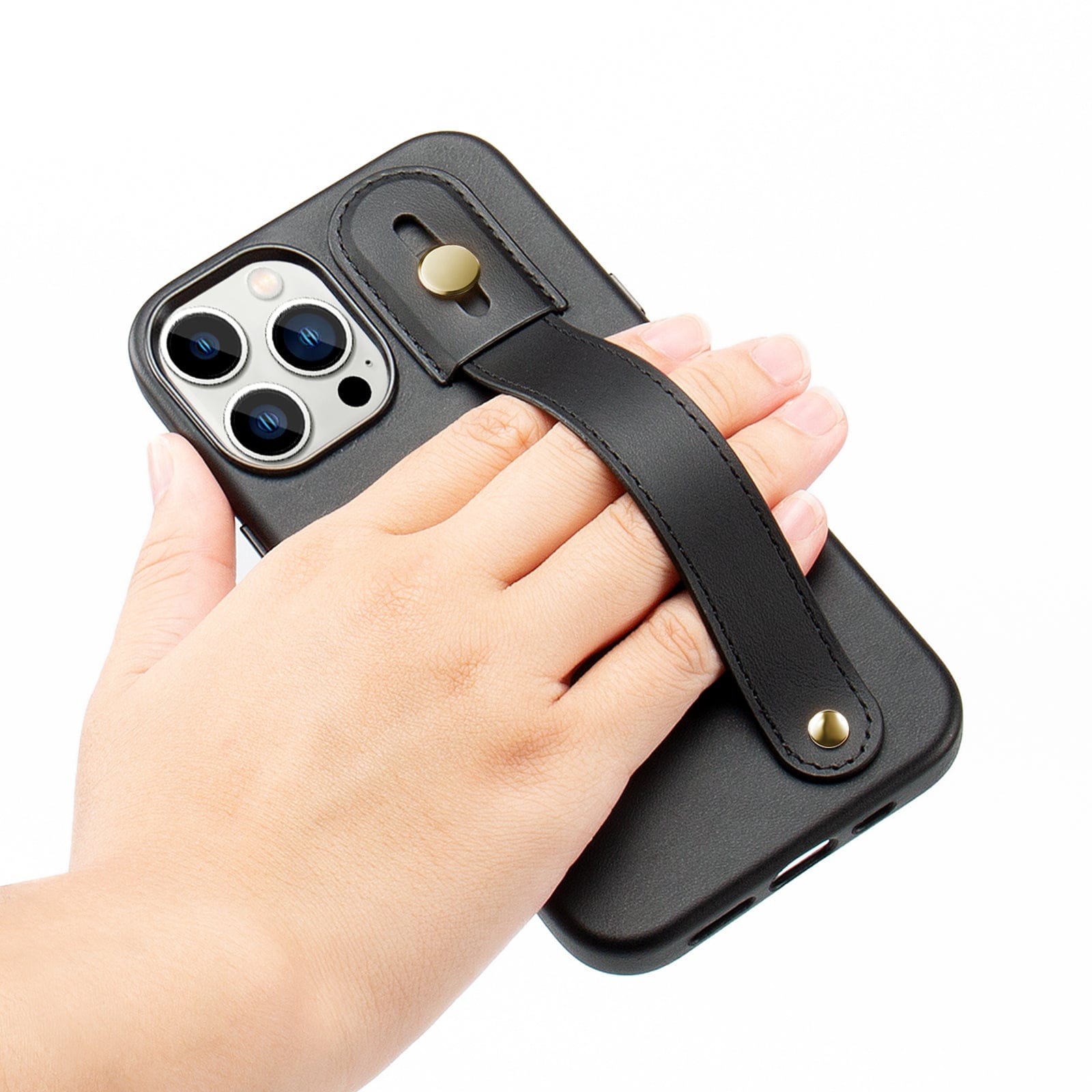 Protection Kit Bundle - Genuine Leather FingerGrip Case with Tempered Glass Screen and Camera Protector for iPhone 15 Pro Max - Black
