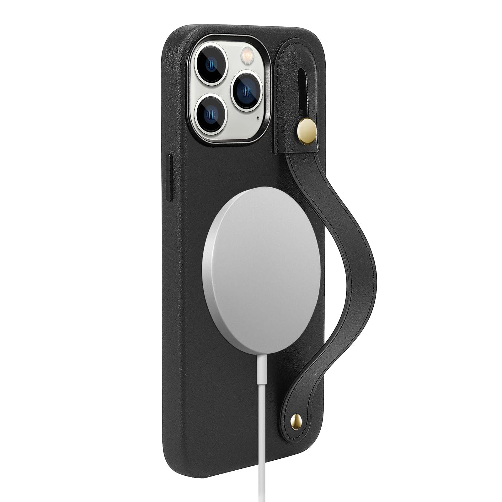 Protection Kit Bundle - Genuine Leather FingerGrip Case with Tempered Glass Screen and Camera Protector for iPhone 15 Pro Max - Black